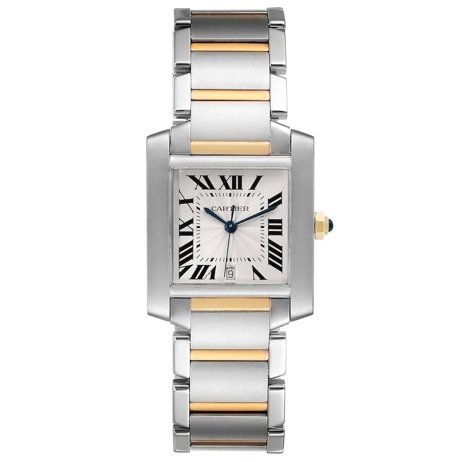 Cartier Tank Francaise Steel Yellow Gold Large Watch W51005Q4 Box Papers. Automatic self-winding movement. Rectangular stainless steel 28.0 x 32.0 mm case. Octagonal 18K yellow gold crown set with a blue spinel cabochon. . Scratch resistant sapphire