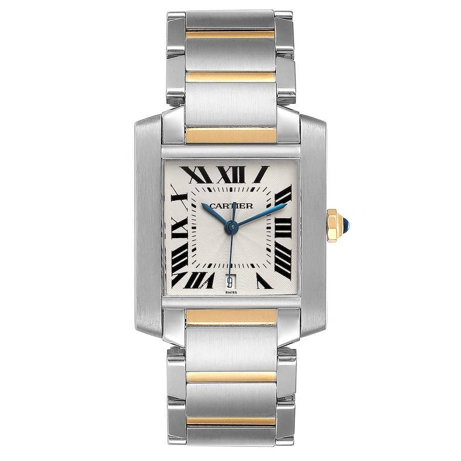 Cartier Tank Francaise Steel Yellow Gold Large Watch W51005Q4. Automatic self-winding movement. Rectangular stainless steel 28.0 x 32.0 mm case. Octagonal 18K yellow gold crown set with a blue spinel cabochon. . Scratch resistant sapphire crystal.