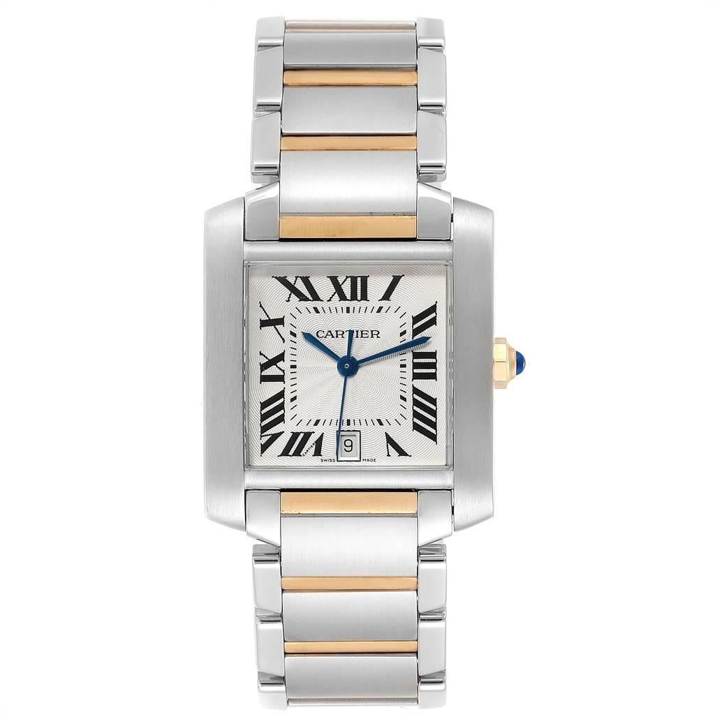 Cartier Tank Francaise Steel Yellow Gold Mens Watch W51005Q4 Box. Automatic self-winding movement. Rectangular stainless steel 28.0 x 32.0 mm case. Octagonal 18K yellow gold crown set with a blue spinel cabochon. Scratch resistant sapphire crystal.