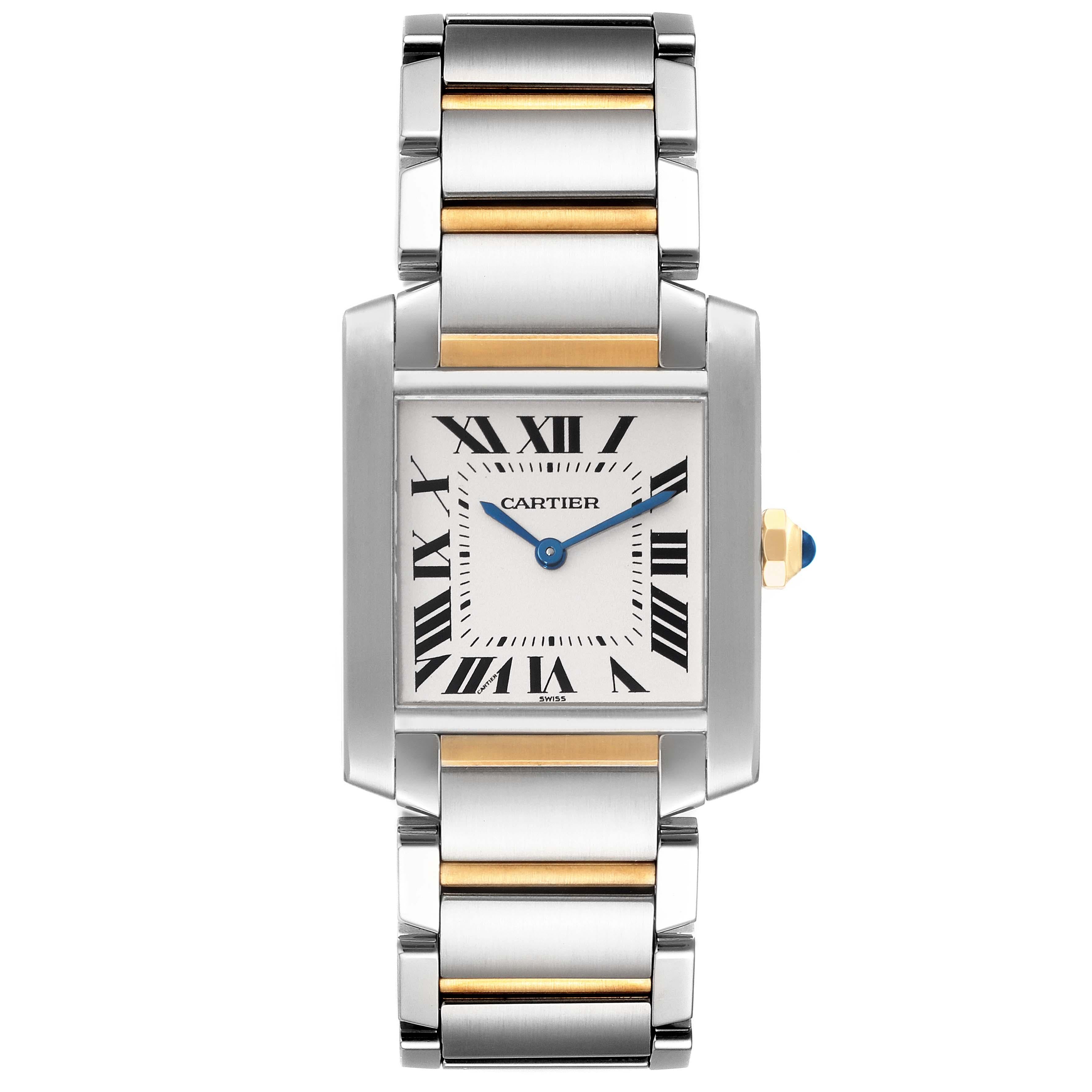 Cartier Tank Francaise Steel Yellow Gold Mens Watch W51006Q4 Box Papers. Original Cartier quartz movement. Rectangular stainless steel 25.0 x 30.0 mm case. Octagonal 18K yellow gold crown set with a blue spinel cabochon. . Scratch resistant sapphire