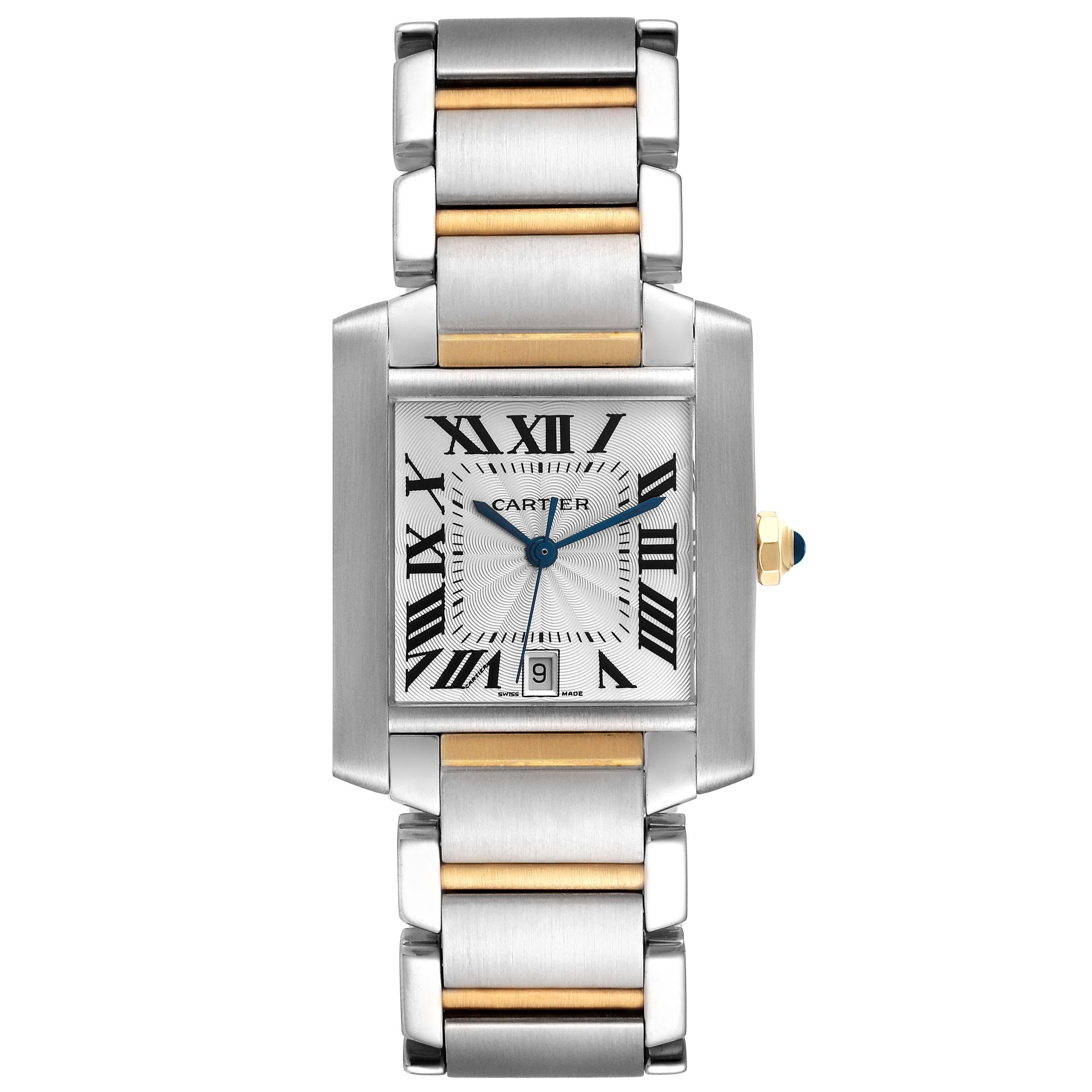 Cartier Tank Francaise Steel Yellow Gold Silver Dial Mens Watch W51005Q4. Automatic self-winding movement. Rectangular stainless steel 28.0 x 32.0 mm case. Octagonal 18K yellow gold crown set with a blue spinel cabochon. . Scratch resistant sapphire