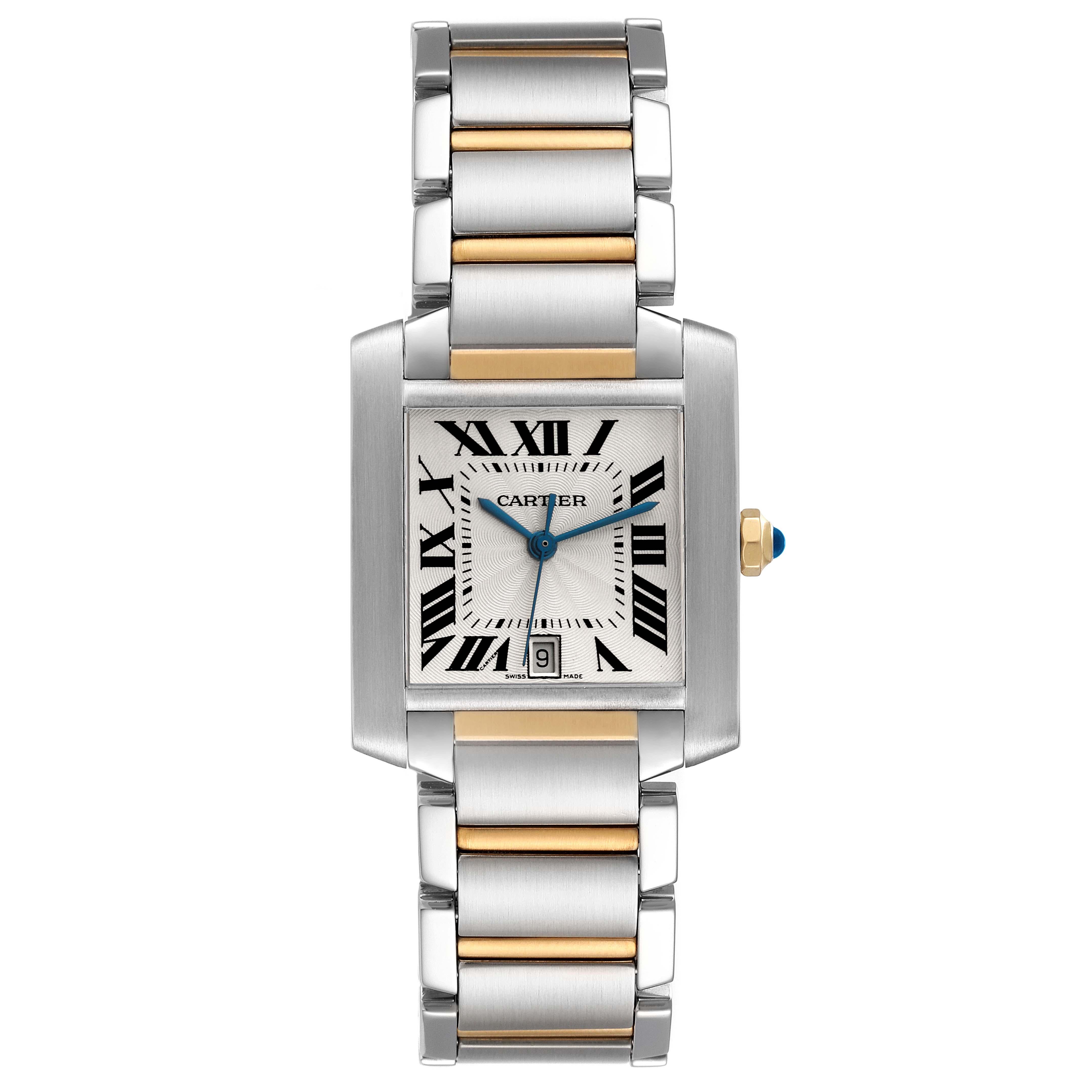 Cartier Tank Francaise Steel Yellow Gold Silver Dial Mens Watch W51005Q4. Automatic self-winding movement. Rectangular stainless steel 28.0 x 32.0 mm case. Octagonal 18K yellow gold crown set with a blue spinel cabochon. . Scratch resistant sapphire