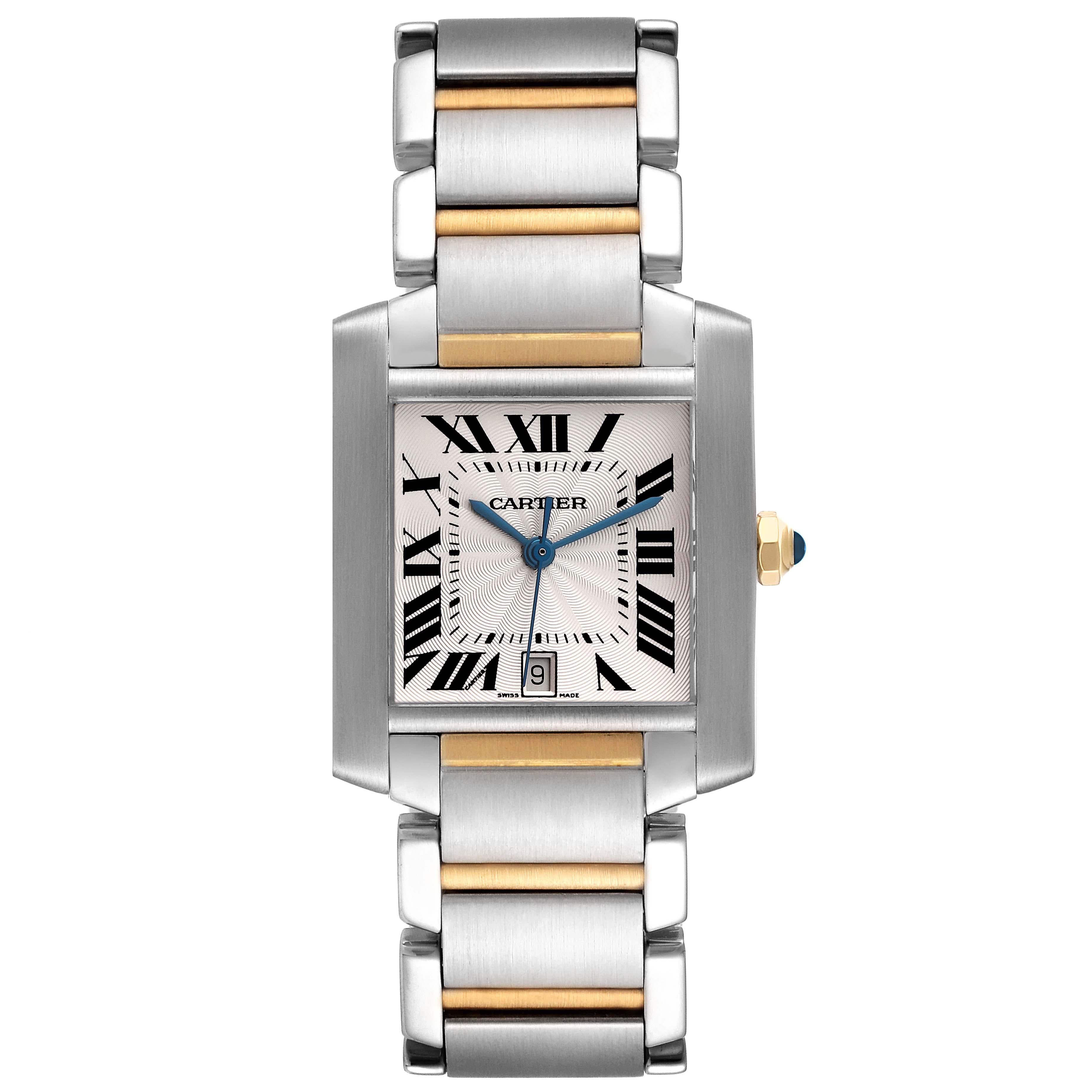 Cartier Tank Francaise Steel Yellow Gold Silver Dial Mens Watch W51005Q4 Papers. Automatic self-winding movement. Rectangular stainless steel 28.0 x 32.0 mm case. Octagonal 18K yellow gold crown set with a blue spinel cabochon. . Scratch resistant