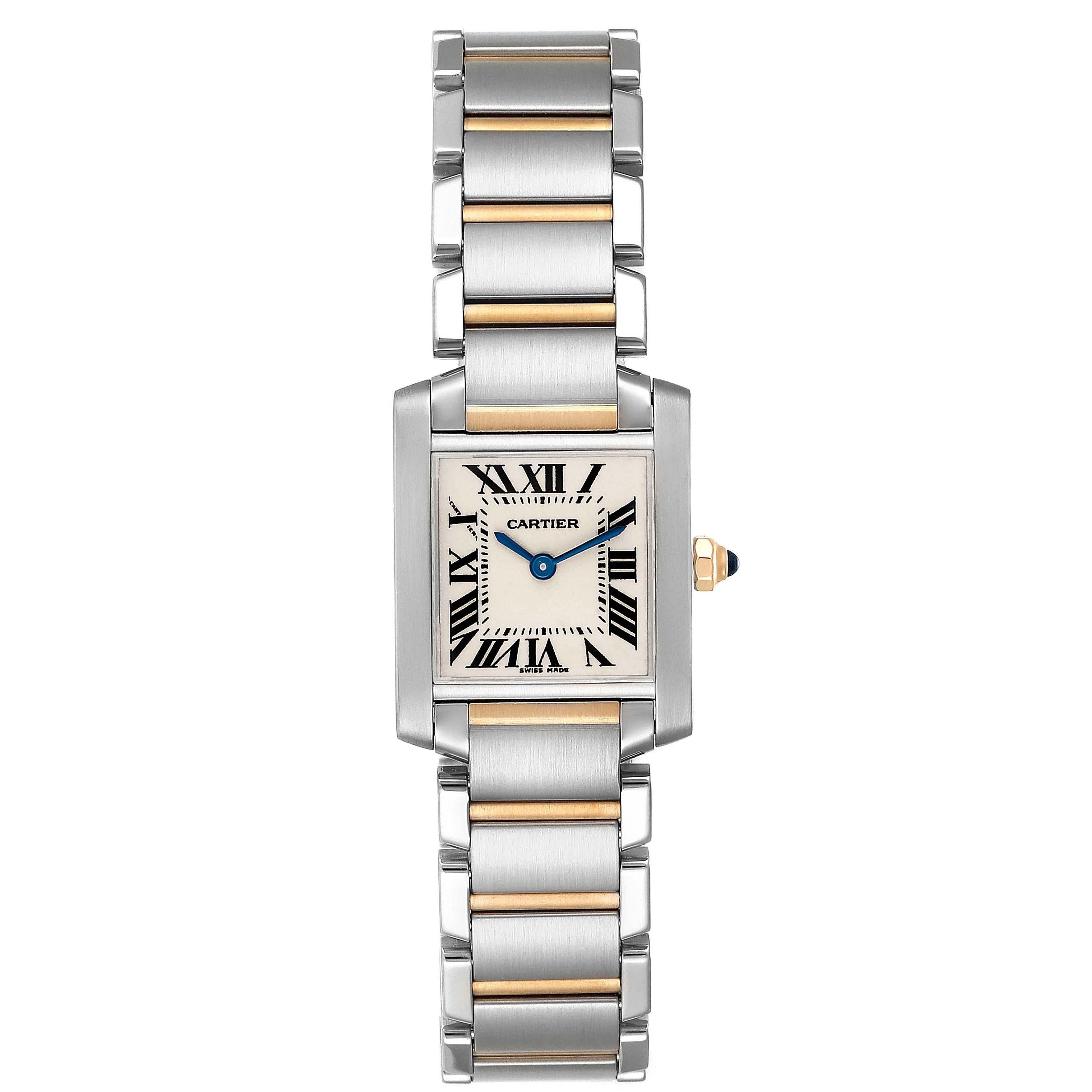 Cartier Tank Francaise Steel Yellow Gold Small Ladies Watch W51007Q4. Quartz movement. Rectangular stainless steel 20.0 x 25.0 mm case. Octagonal 18k yellow gold crown set with a blue spinel cabochon. . Scratch resistant sapphire crystal. Silver