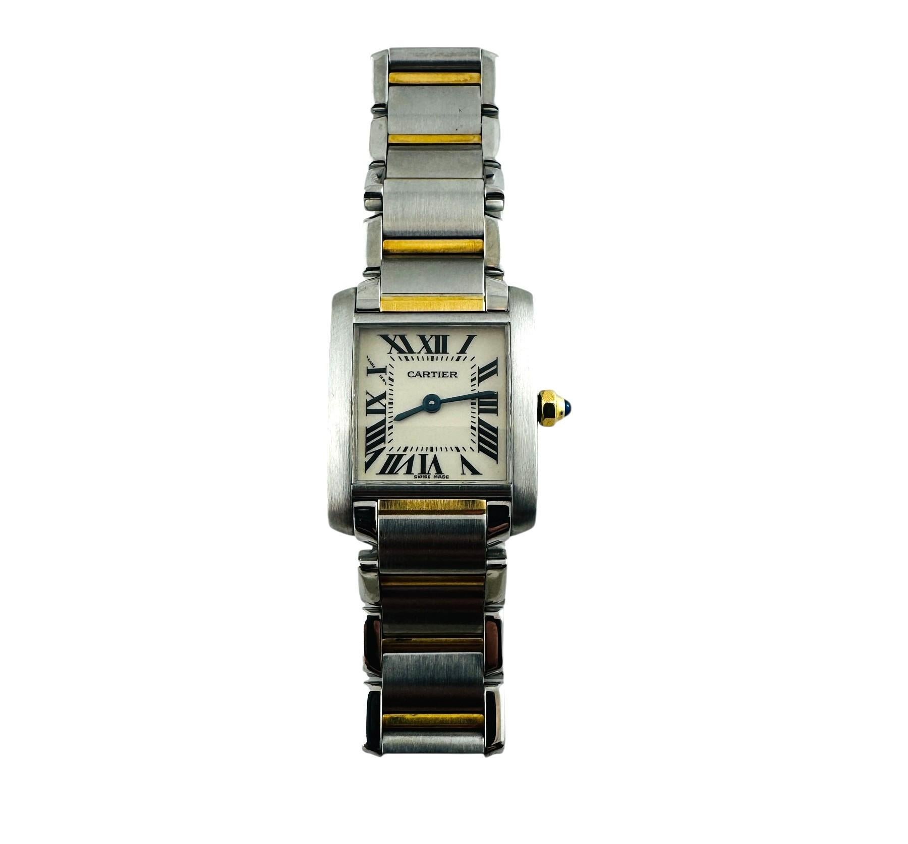Cartier Tank Francaise Ladies Watch

Model: 2384
Serial: 46523100

This Cartier Tank Francaise Watch is set in stainless steel and 18K yellow gold

Case is 25mm x 20mm

Band is in excellent condition. Butterfly clasp and fits up to 5 3/4