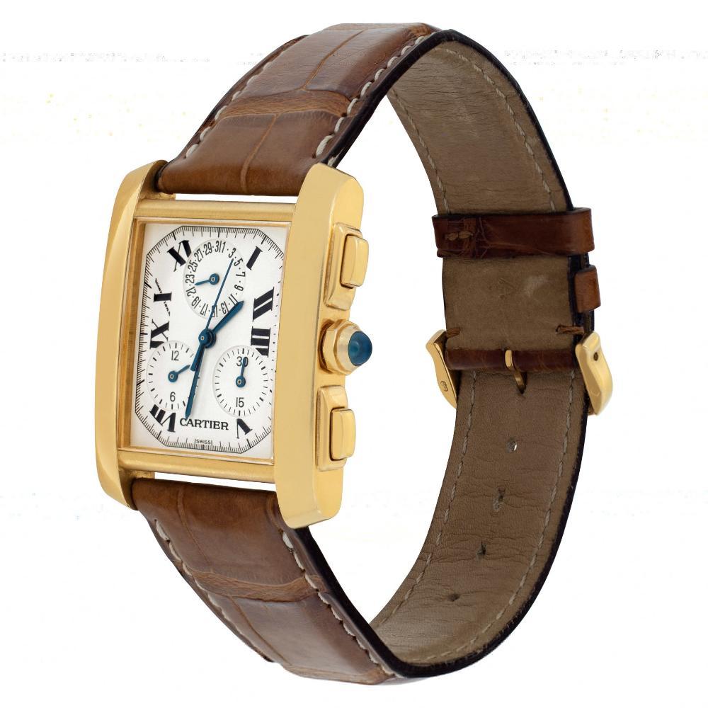 Cartier Tank Francaise in 18k yellow gold on a brown alligator strap.  ChronoReflex w/ sweep seconds and chronograph. 28 mm case size. Ref W5000556. Fine Pre-owned Cartier Watch. Certified preowned Dress Cartier Tank Francaise w5000556 watch is made