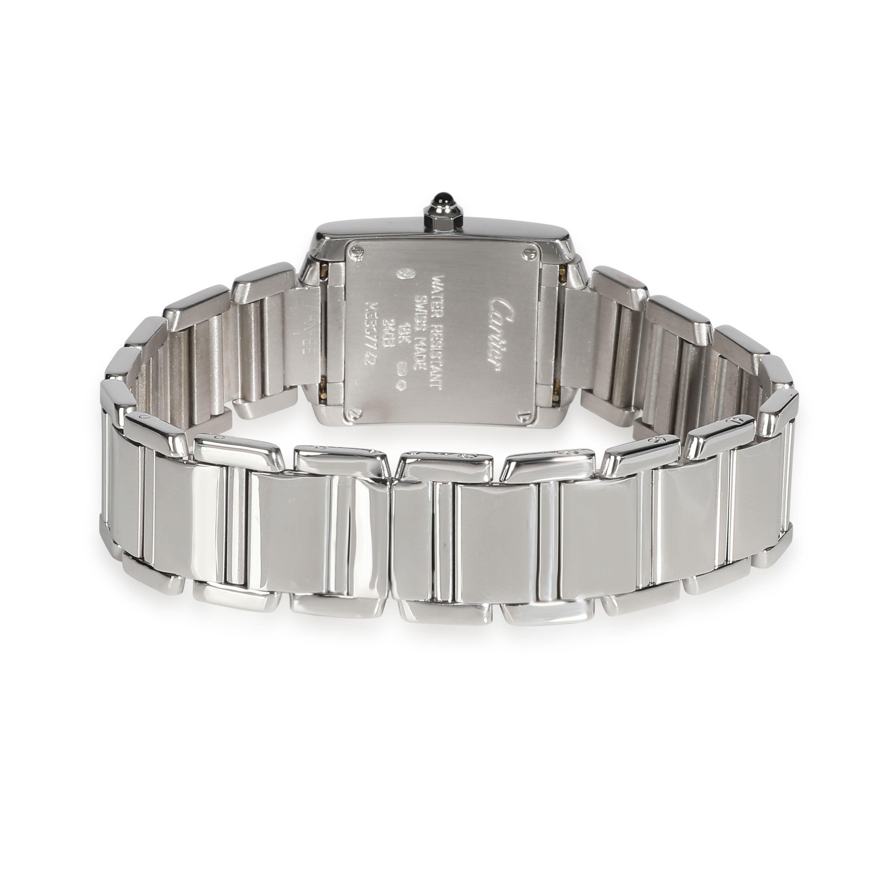 Cartier Tank Francaise W50012S3 Women's Watch in 18kt White Gold

SKU: 108677

PRIMARY DETAILS
Brand:  Cartier
Model: Tank Francaise
Country of Origin: Switzerland
Movement Type: Quartz: Battery
Year Manufactured: 
Year of Manufacture: