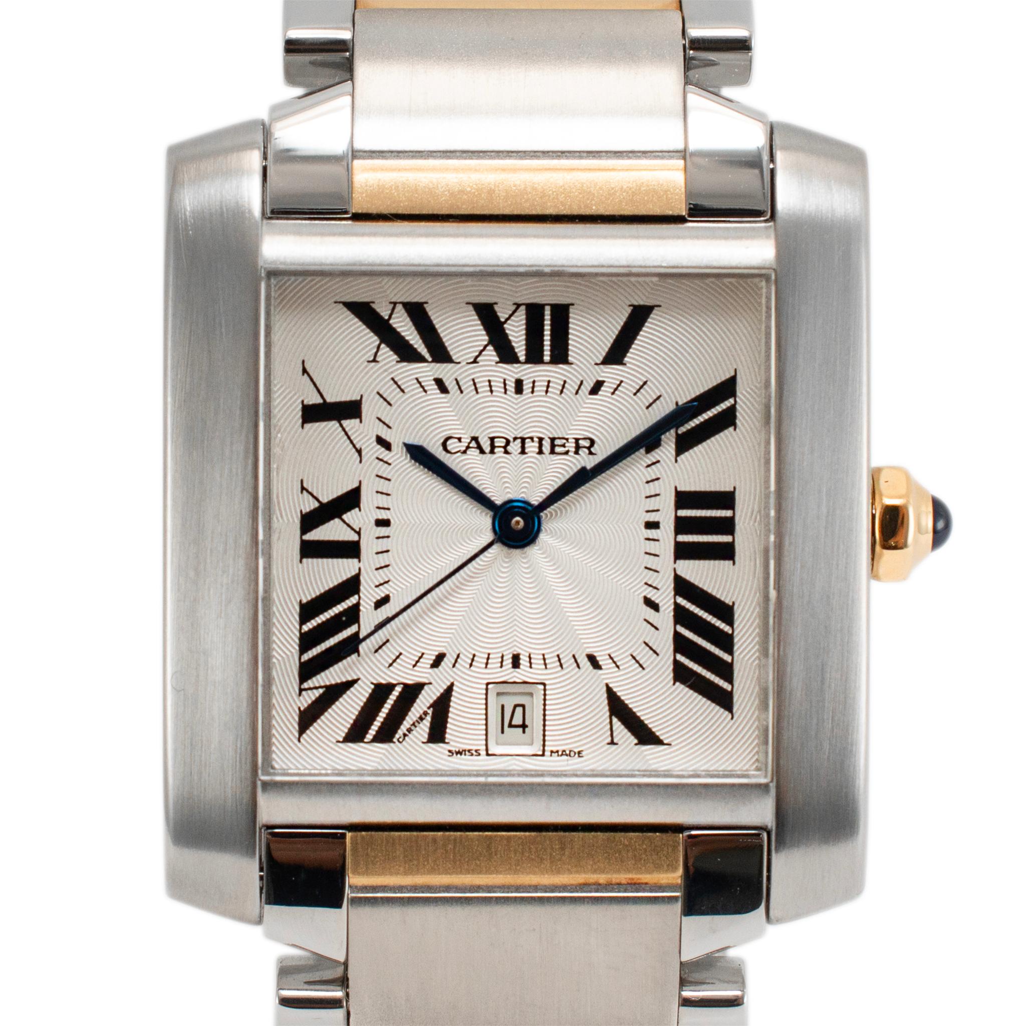 Brand: Cartier

Gender: Unisex

Metal Type: 18K Yellow Gold and Stainless Steel

Diameter: 28.00 mm

Weight: 90.00 grams

18K Yellow Gold and Stainless Steel Cartier Swiss-made watch. The metals were tested and determined to be 18K yellow gold and