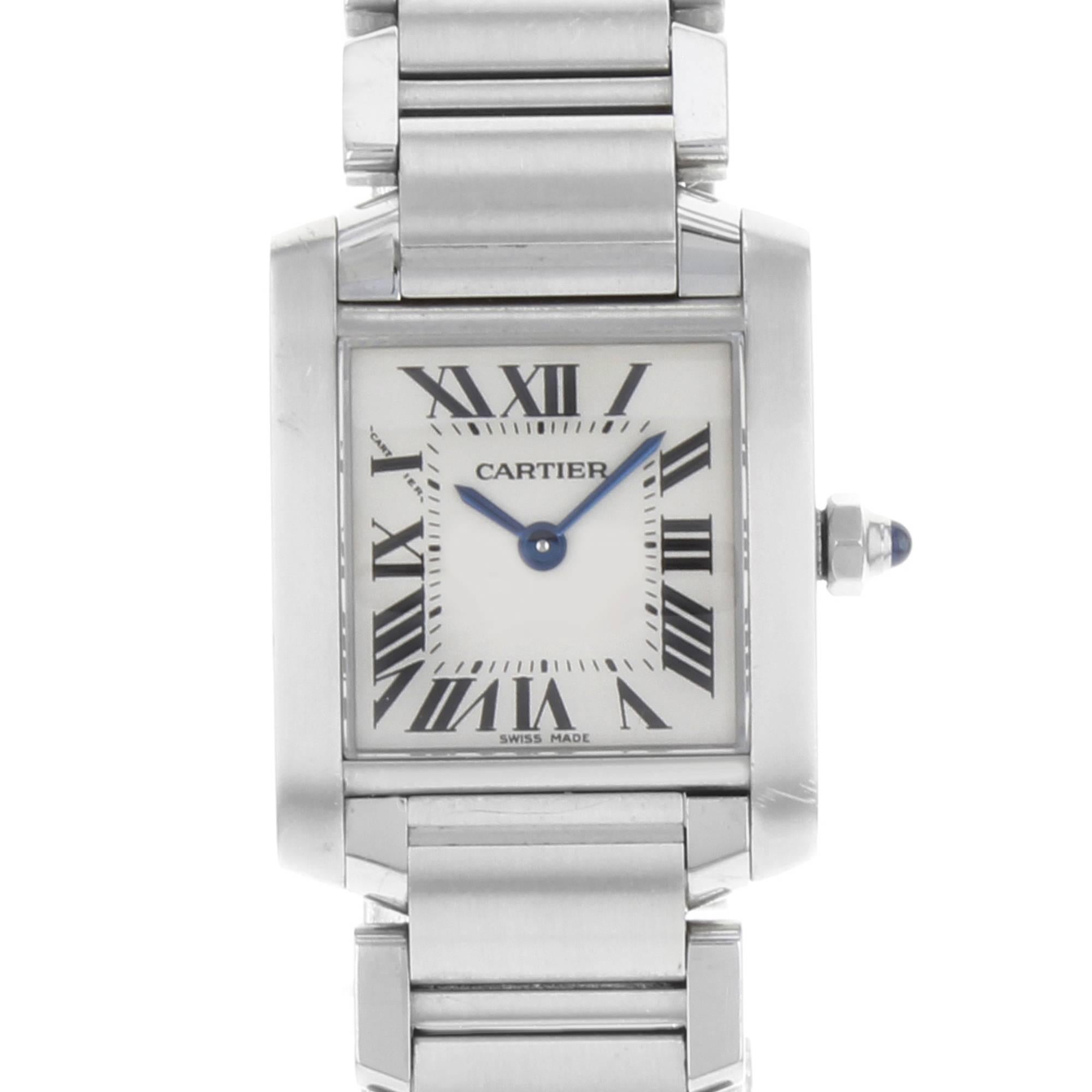 This pre-owned Cartier Tank W51008Q3  is a beautiful Ladies timepiece that is powered by a quartz movement which is cased in a stainless steel case. It has a square shape face, no features dial and has hand roman numerals style markers. It is