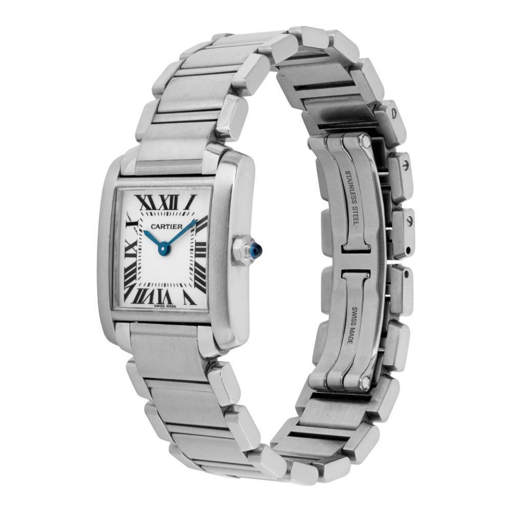 Cartier Tank Francaise in stainless steel with white roman numeral dial on steel link bracelet with hidden deployment clasp. Quartz. 20 mm case size. Ref W51008Q3. Circa 2000s. Fine Pre-owned Cartier Watch. Certified preowned Dress Cartier Tank