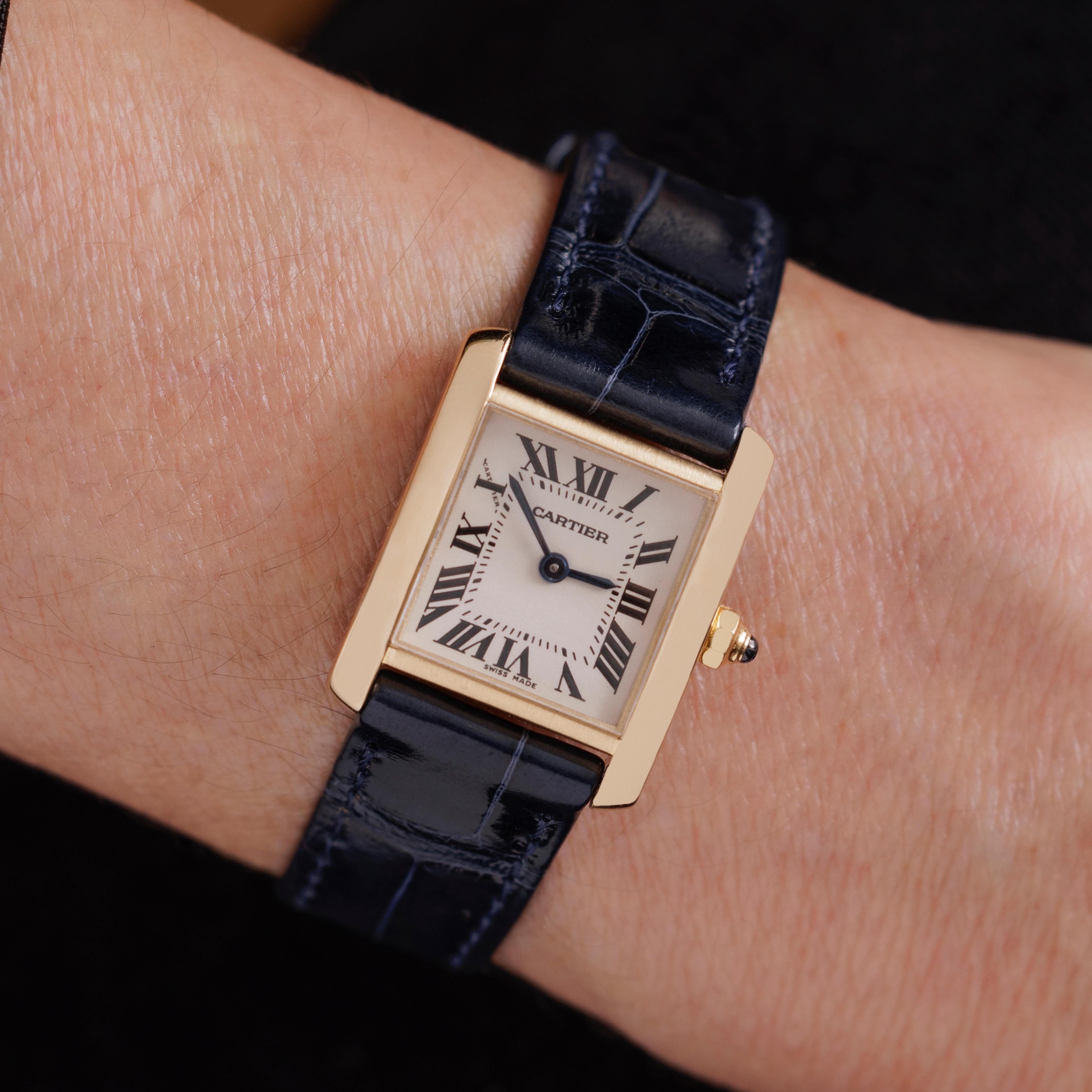 Cartier Tank Française Watch 18k Yellow Gold Model W5000256 on Navy Strap In Excellent Condition In New York, NY