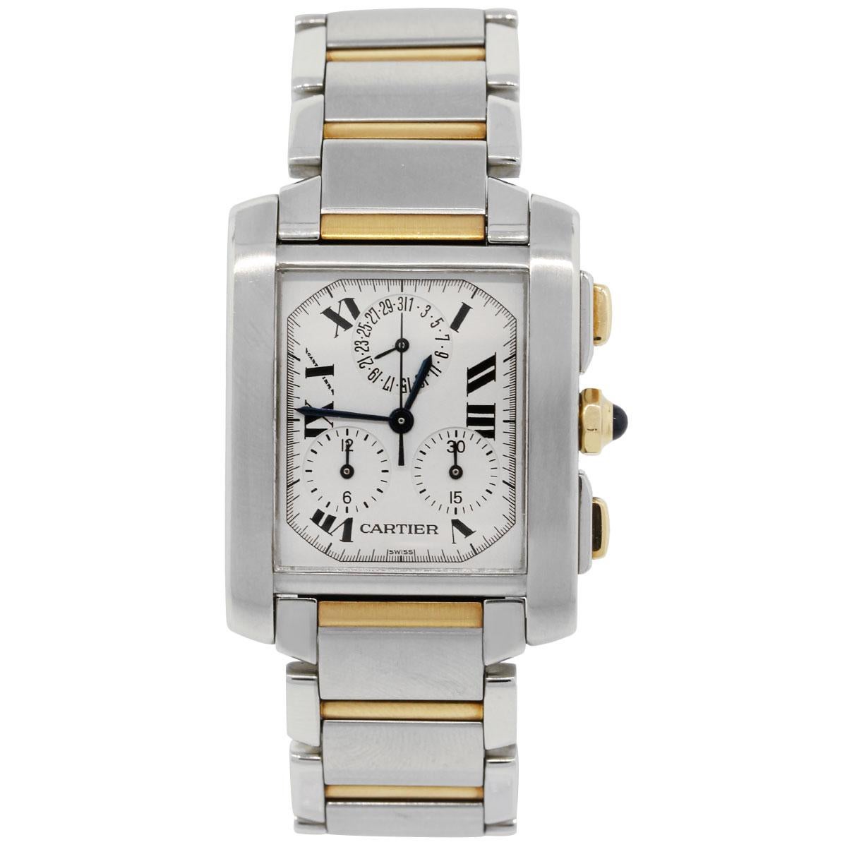 Brand: Cartier
MPN: 2303
Model: Tank
Case Material: 18k yellow gold and Stainless steel
Case Diameter: 28mm x 36mm
Crystal: Scratch resistant sapphire
Bezel: Smooth brushed stainless steel bezel
Dial: White roman dial with blue hands
Bracelet: 18k