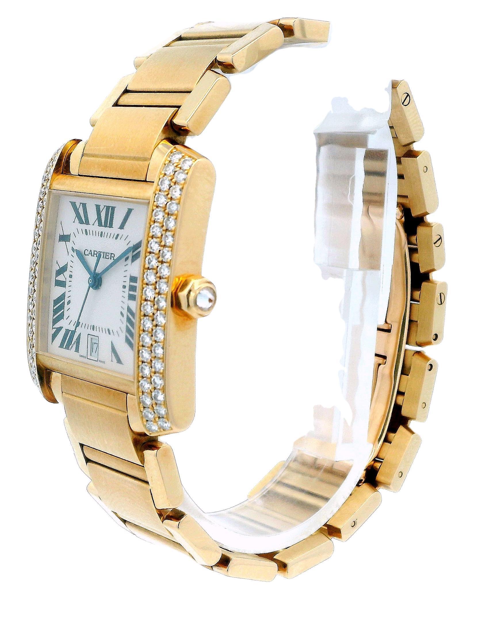Cartier Tank Francaise 1840 Watch. This watch features a 28mm case made of 18K yellow gold and is adorned with a factory-set, two-row diamond bezel. The ivory dial includes blue steel hands and black Roman numeral hour markers, with the date