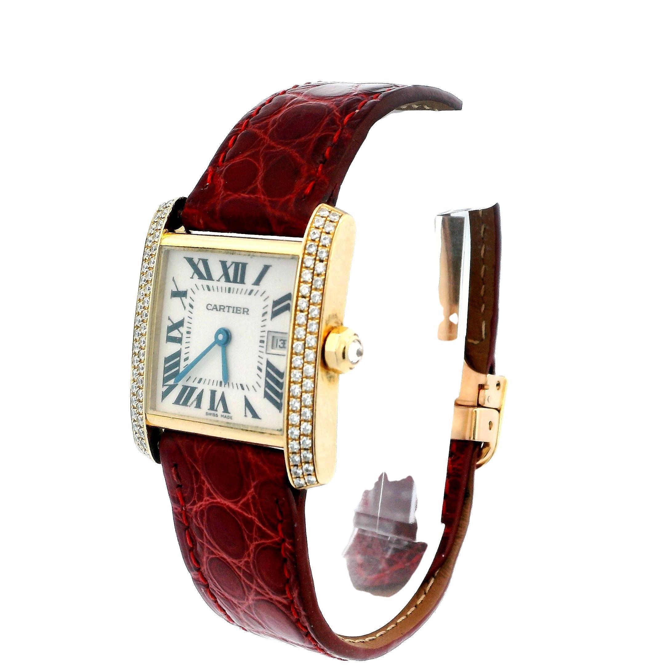 Cartier Tank Francaise  WE101751 18k Yellow Gold & Diamond Bezel In Excellent Condition For Sale In Great Neck Plaza, NY
