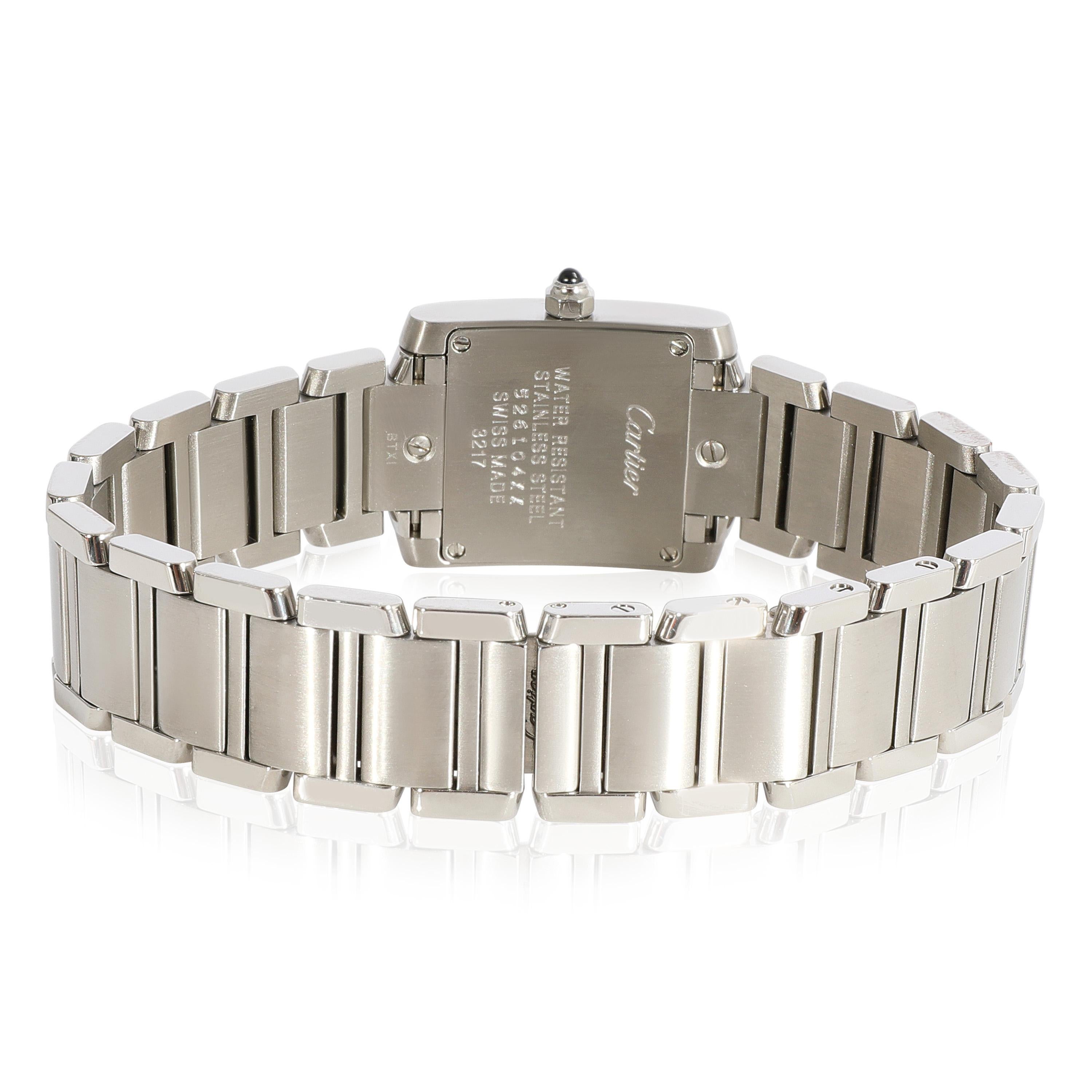 Cartier Tank Francaise WE110006 Women's Watch in  Stainless Steel

SKU: 121809

PRIMARY DETAILS
Brand: Cartier
Model: Tank Francaise
Country of Origin: Switzerland
Movement Type: Quartz: Battery
Year of Manufacture: 2010-2019
Condition: Retail price