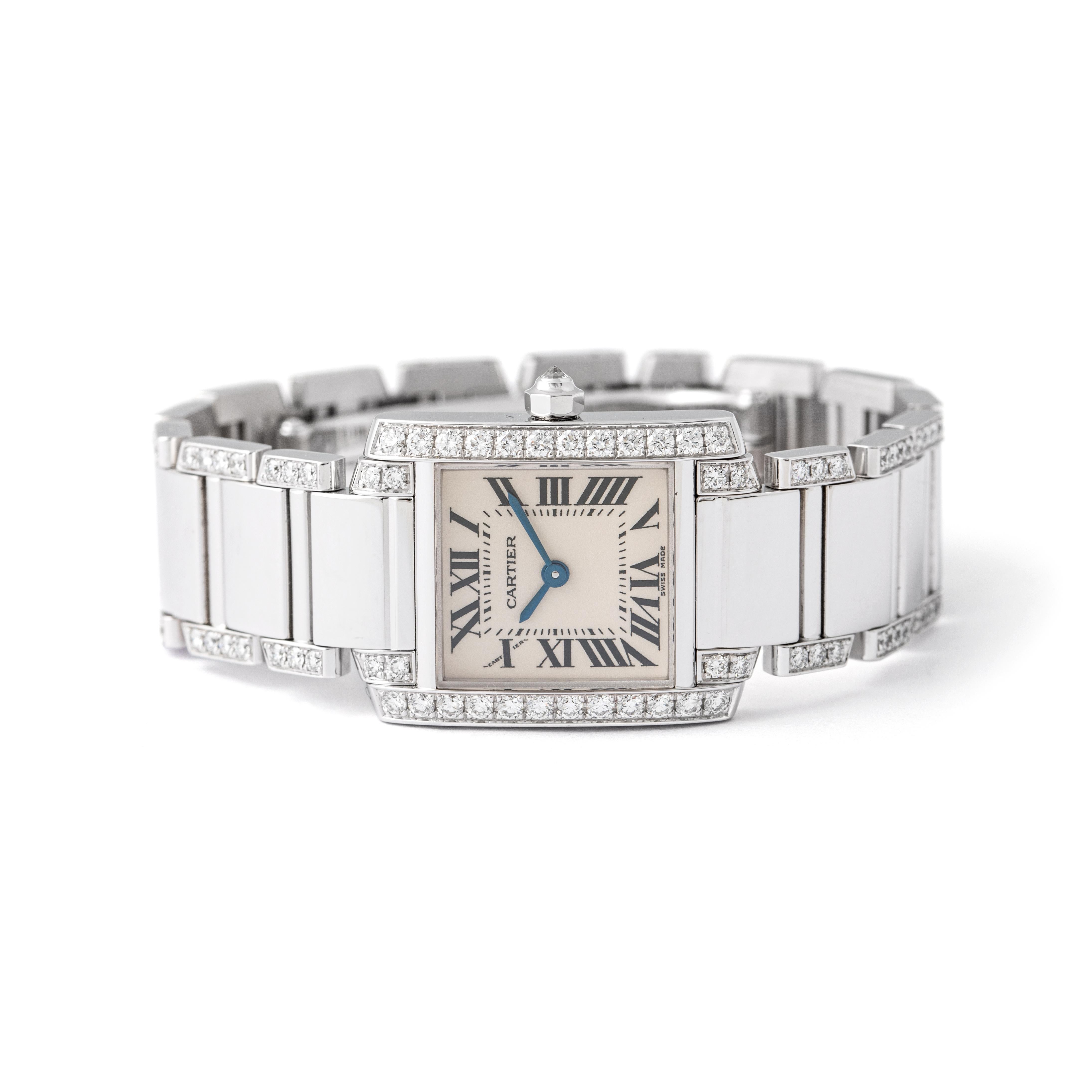 Round Cut Cartier 'Tank Francaise' White Gold 18K Diamond Ladies Watch For Sale