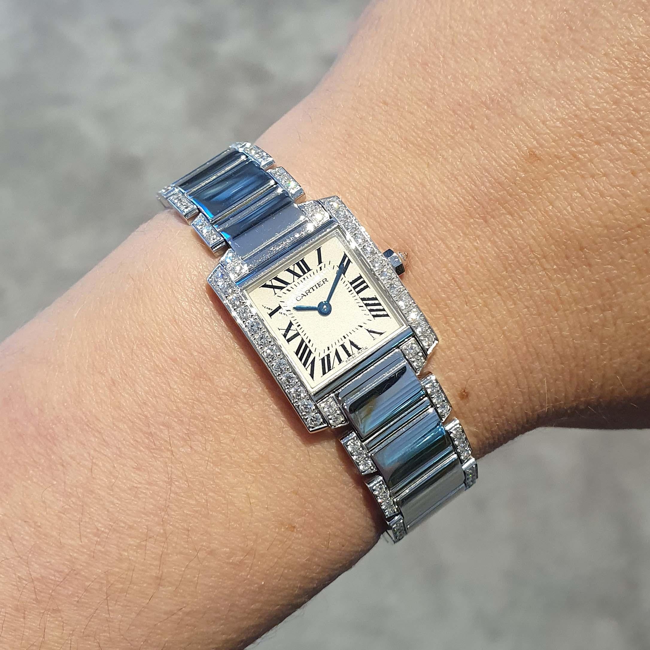 Cartier 'Tank Francaise' White Gold 18K Diamond Ladies Watch In Good Condition For Sale In Geneva, CH