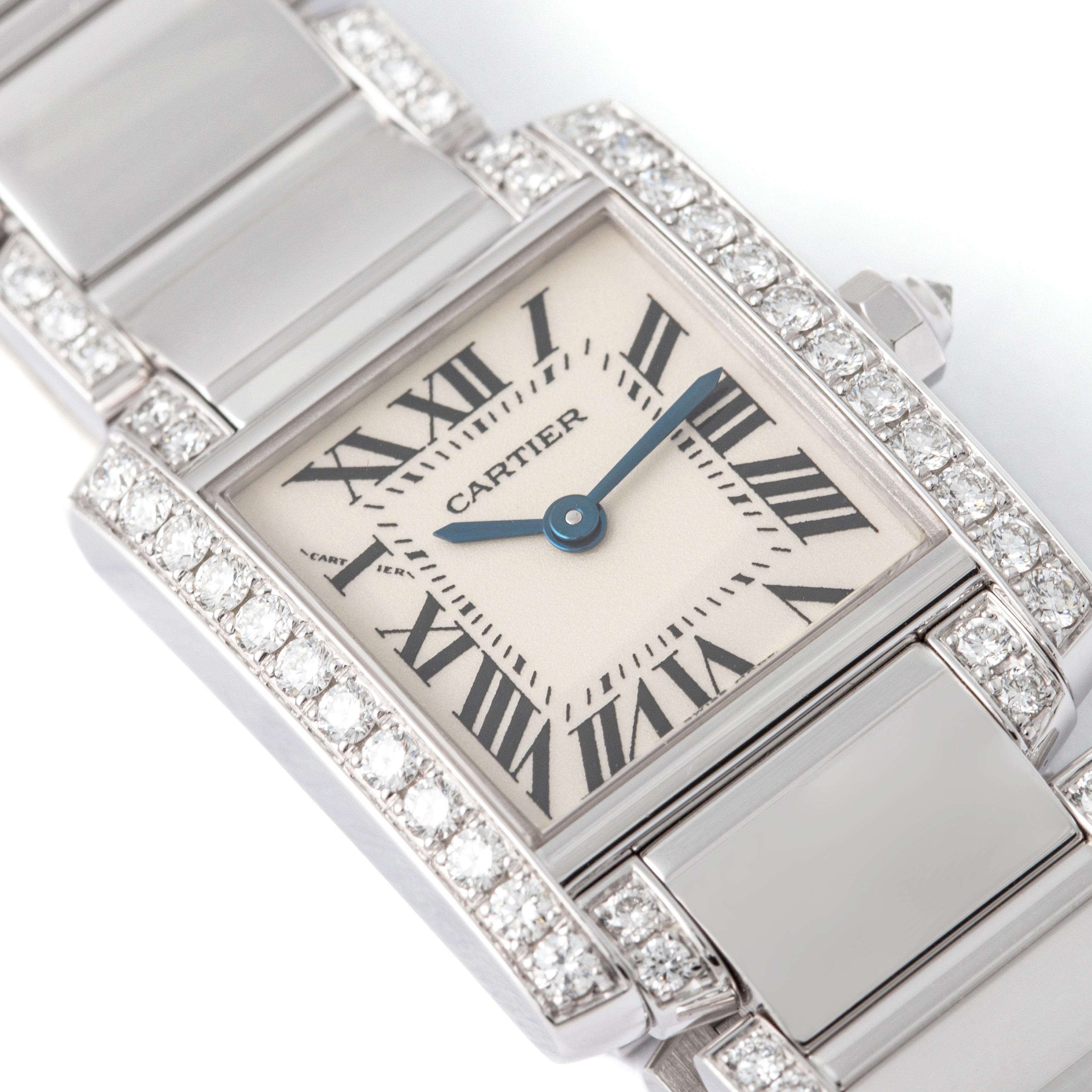 Cartier Tank Francaise White Gold 18K and Diamond Ladies Watch

Authentic Cartier Tank Francaise watch crafted in white gold 18K. The rectangular case is set with high-quality round brilliant cut diamonds and the octagonal crown is set with one