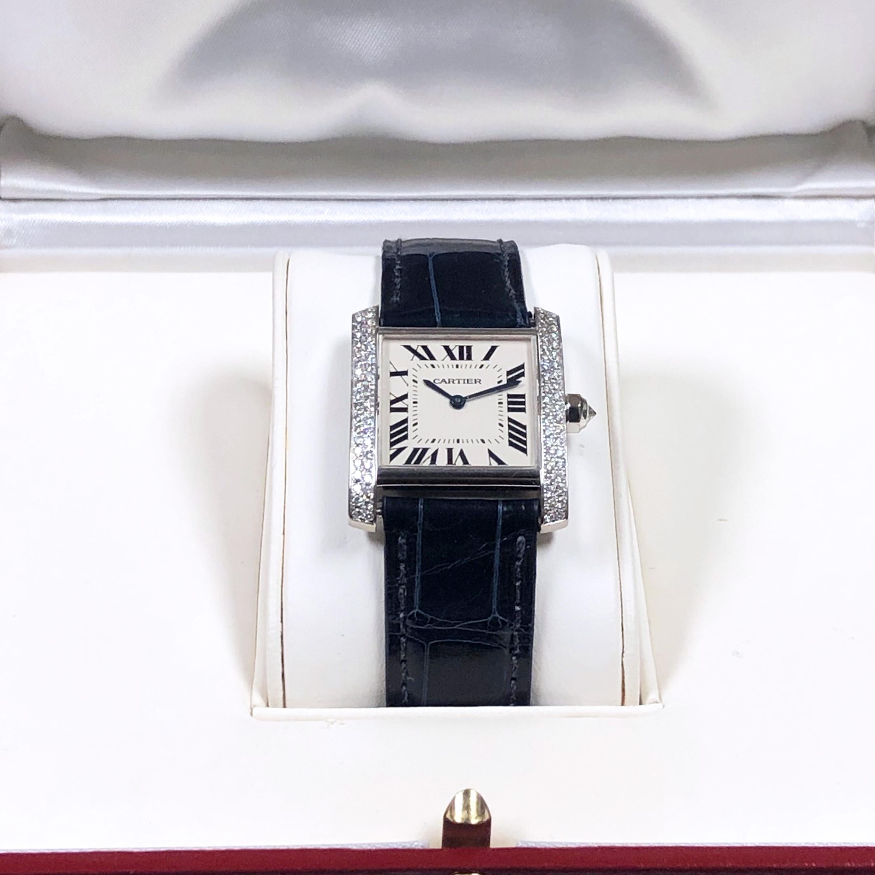 Round Cut Cartier Tank Francaise White Gold and Diamond Mid Size Quartz Wristwatch