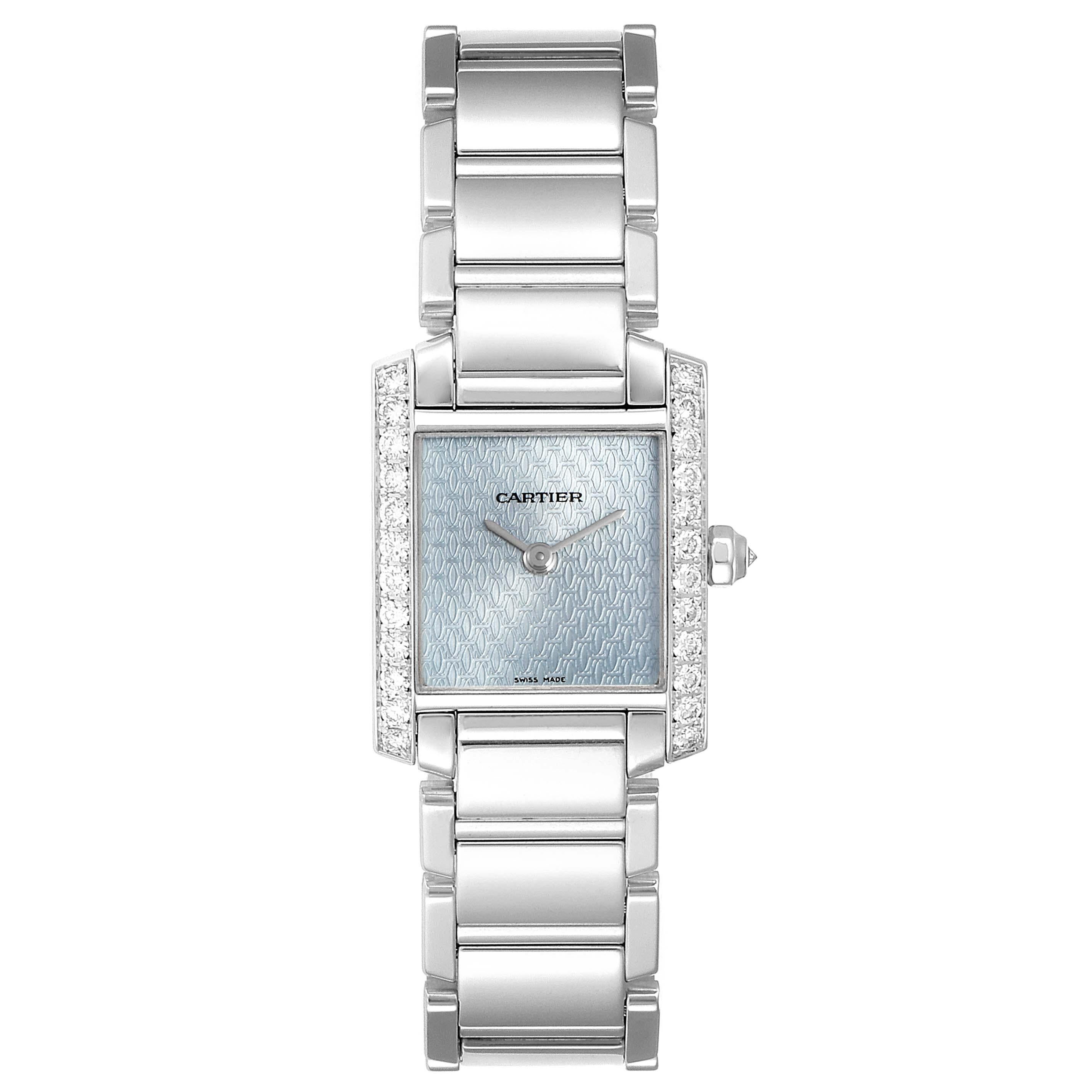 Cartier Tank Francaise White Gold Blue Dial Diamond Ladies Watch 2403. Quartz movement. Rectangular 18K white gold 20.0 x 25.0 mm case. Octagonal crown set with a diamond. Original Cartier factory two row diamond bezel. Scratch resistant sapphire