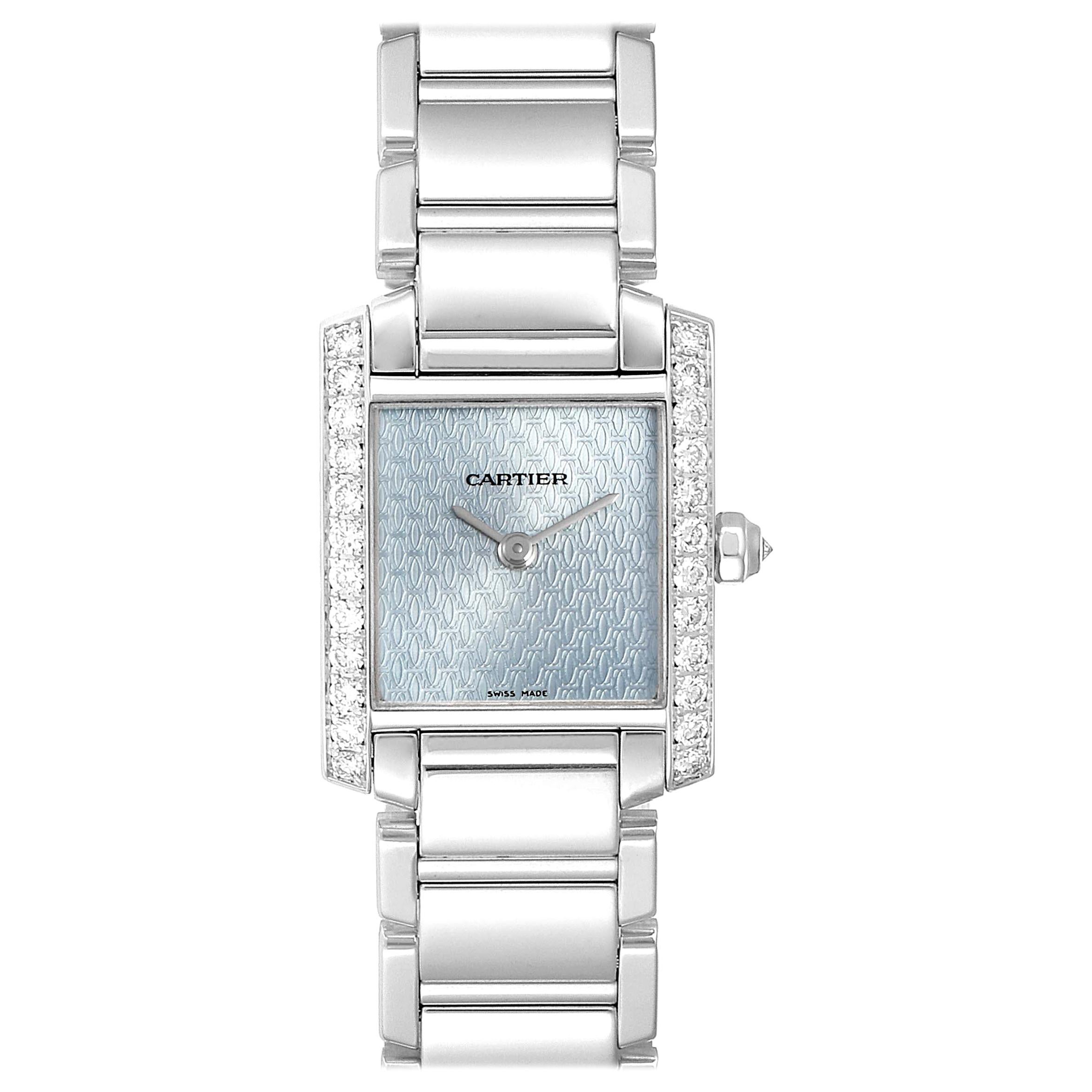 Cartier Tank Francaise White Gold Blue Dial Diamond Ladies Watch 2403 For Sale