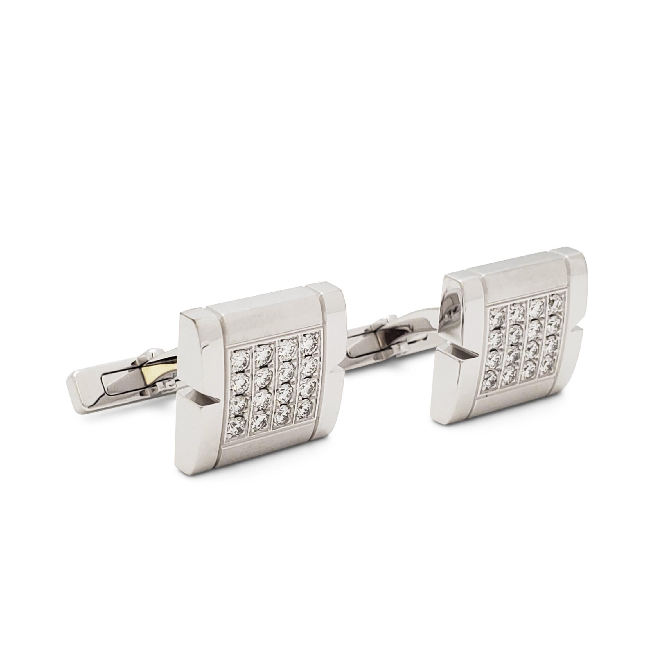 Authentic Cartier Tank Française cufflinks crafted in 18 karat white gold and set with round brilliant diamonds for an estimated 0.75 carats total weight.  The Tank Française motif measures .55 inches wide x .50 inches long.  Cufflinks are presented