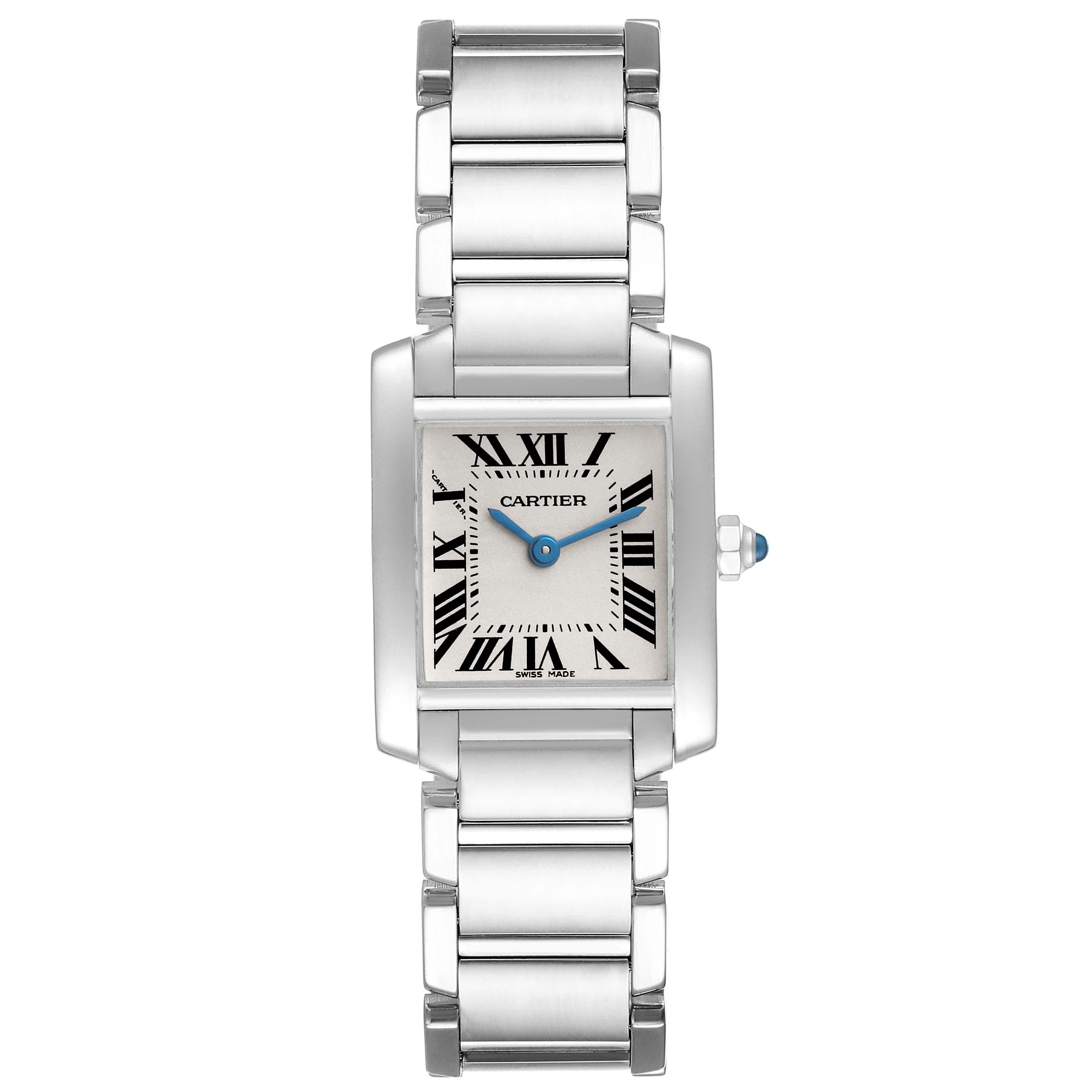 Cartier Tank Francaise White Gold Quartz Ladies Watch W50012S3 Box Papers. Quartz movement. Rectangular 18K white gold 20.0 x 25.0 mm case. Octagonal crown set with a blue sapphire cabochon. . Scratch resistant sapphire crystal. Silvered dial with