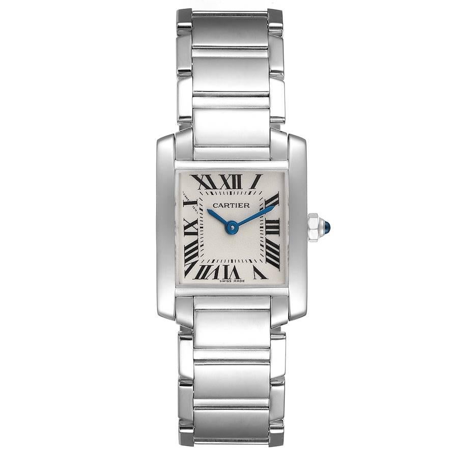 Cartier Tank Francaise White Gold Quartz Ladies Watch W50012S3. Quartz movement. Rectangular 18K white gold 20.0 x 25.0 mm case. Octagonal crown set with a blue sapphire cabochon. . Scratch resistant sapphire crystal. Silvered dial with painted