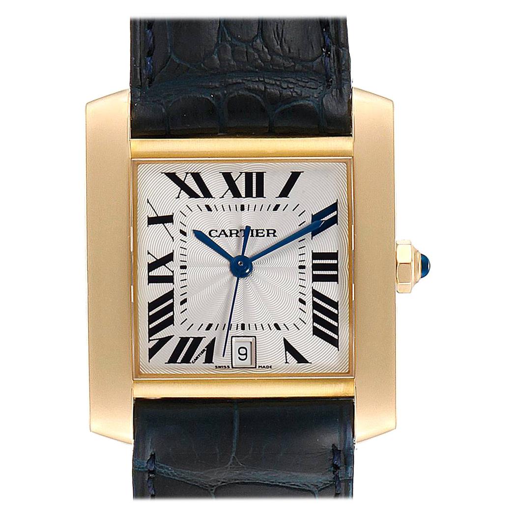 Cartier Tank Francaise Yellow Gold Black Strap Men's Watch W5000156 For Sale