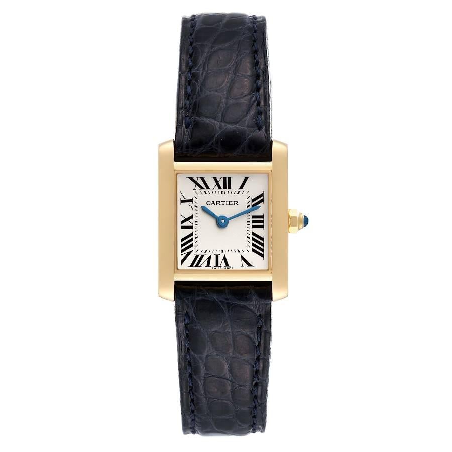 Cartier Tank Francaise Yellow Gold Blue Strap Ladies Watch W5000256. Quartz movement. 18K yellow gold rectangular case 20.0 x 25.0 mm case. Octagonal crown set with a blue sapphire cabochon. . Scratch resistant sapphire crystal. Silver dial with