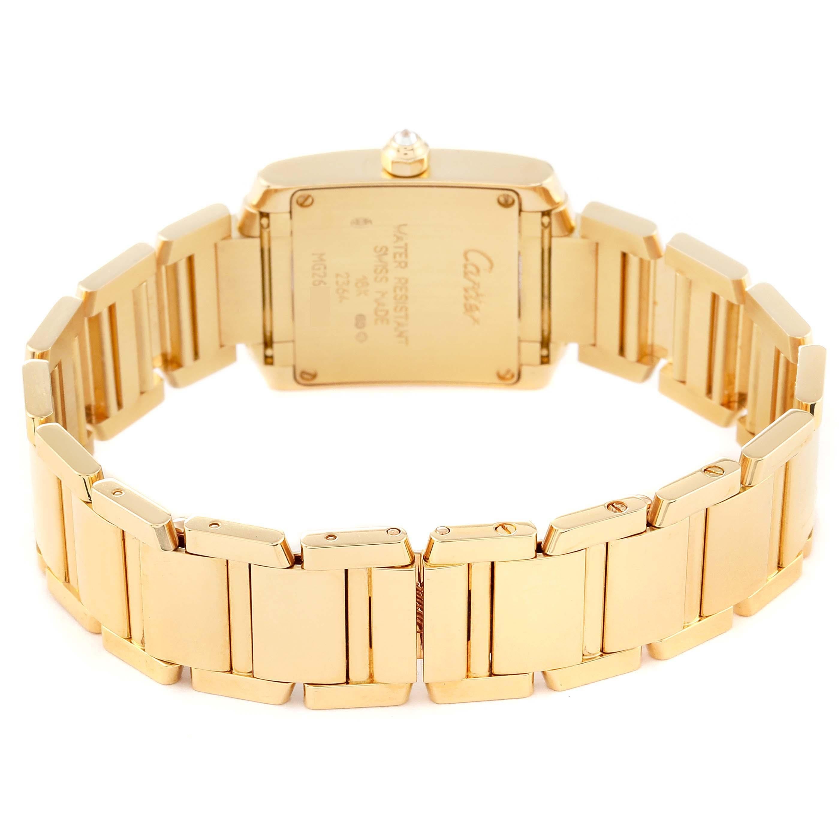 Cartier Tank Francaise Yellow Gold Diamond Ladies Watch WE1001R8. Quartz movement. Rectangular 18k yellow gold 20.0 x 25.0 mm case. Octagonal crown set with a diamond. Original Cartier factory diamond bezel. Scratch resistant sapphire crystal.