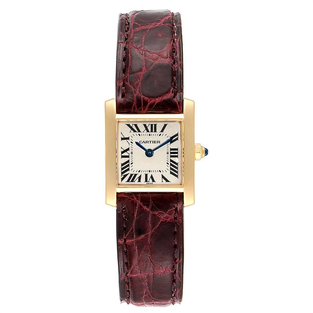 Cartier Tank Francaise Yellow Gold Quartz Ladies Watch W50002N2. Quartz movement. Rectangular 18K yellow gold 20.0 x 25.0 mm case. Octagonal crown set with a blue sapphire cabochon. Scratch resistant sapphire crystal. Silver dial with painted black
