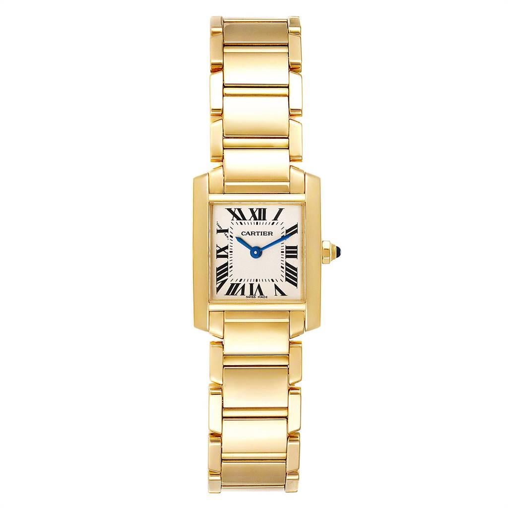 Cartier Tank Francaise Yellow Gold Quartz Ladies Watch W50002N2. Quartz movement. Rectangular 18K yellow gold 20.0 x 25.0 mm case. Octagonal crown set with a blue sapphire cabochon. Scratch resistant sapphire crystal. Silver dial with painted black