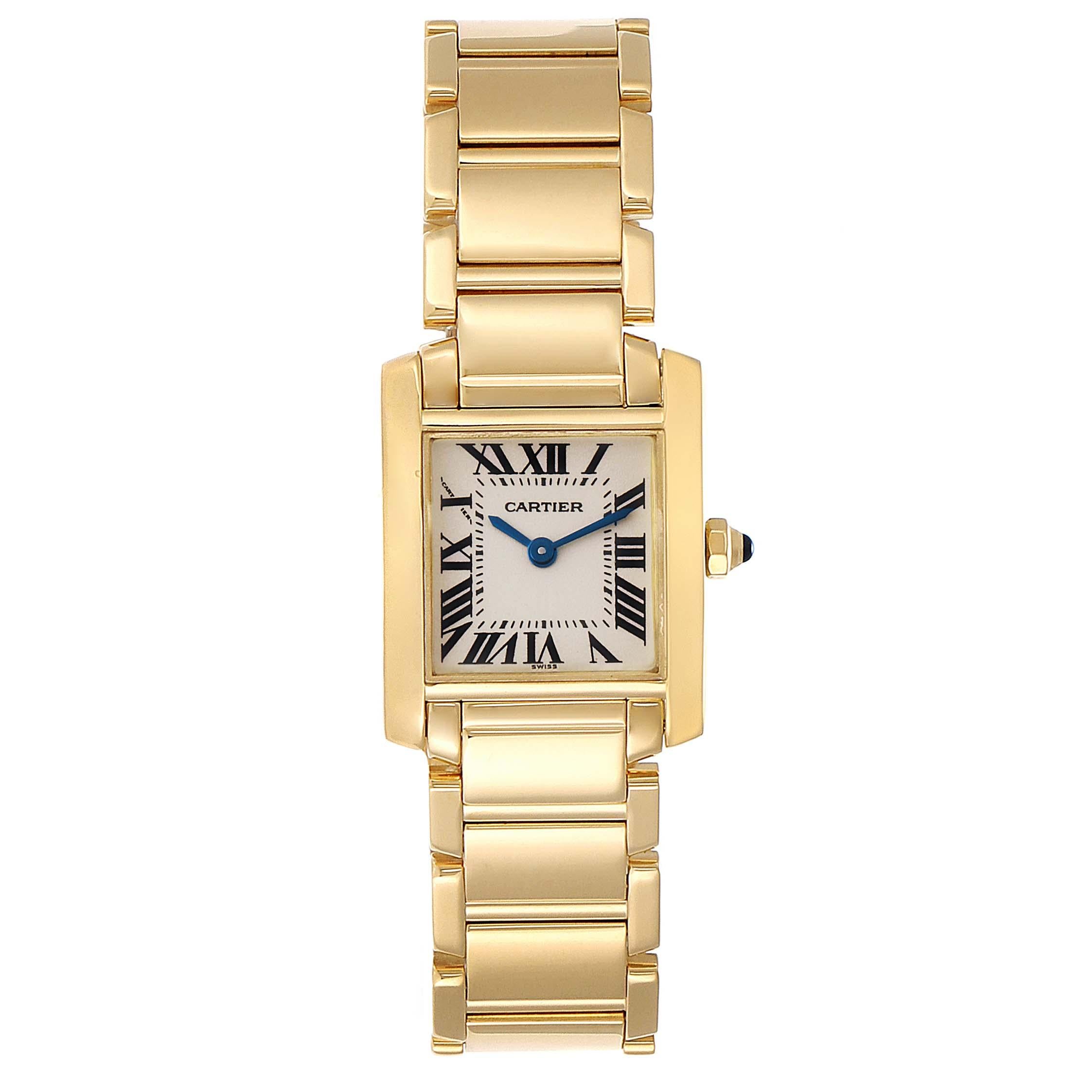 Cartier Tank Francaise Yellow Gold Quartz Ladies Watch W50002N2. Quartz movement. Rectangular 18K yellow gold 20.0 x 25.0 mm case. Octagonal crown set with a blue sapphire cabochon. . Scratch resistant sapphire crystal. Silver dial with painted