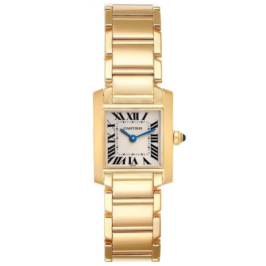 Cartier Tank Francaise Yellow Gold Quartz Ladies Watch W50002N2. Quartz movement. Rectangular 18K yellow gold 20.0 x 25.0 mm case. Octagonal crown set with a blue sapphire cabochon. . Scratch resistant sapphire crystal. Silver dial with painted