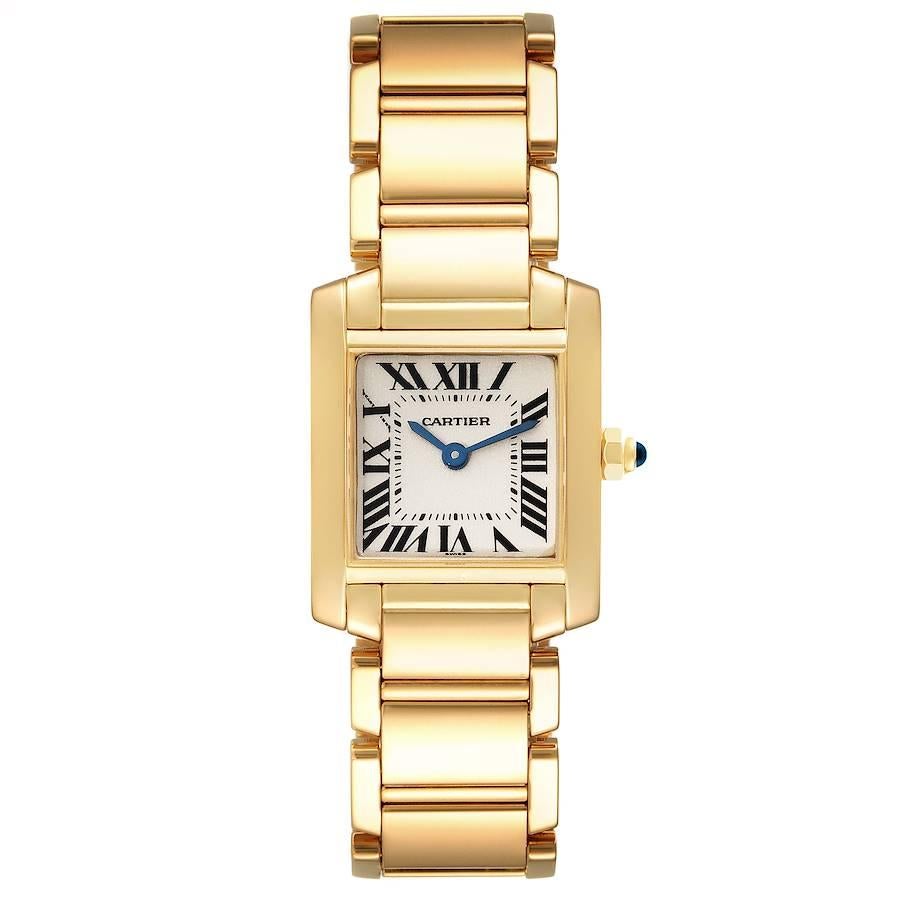 Cartier Tank Francaise Yellow Gold Quartz Ladies Watch W50002N2. Quartz movement. Rectangular 18K yellow gold 20.0 x 25.0 mm case. Octagonal crown set with a blue sapphire cabochon. . Scratch resistant sapphire crystal. Silver dial with painted