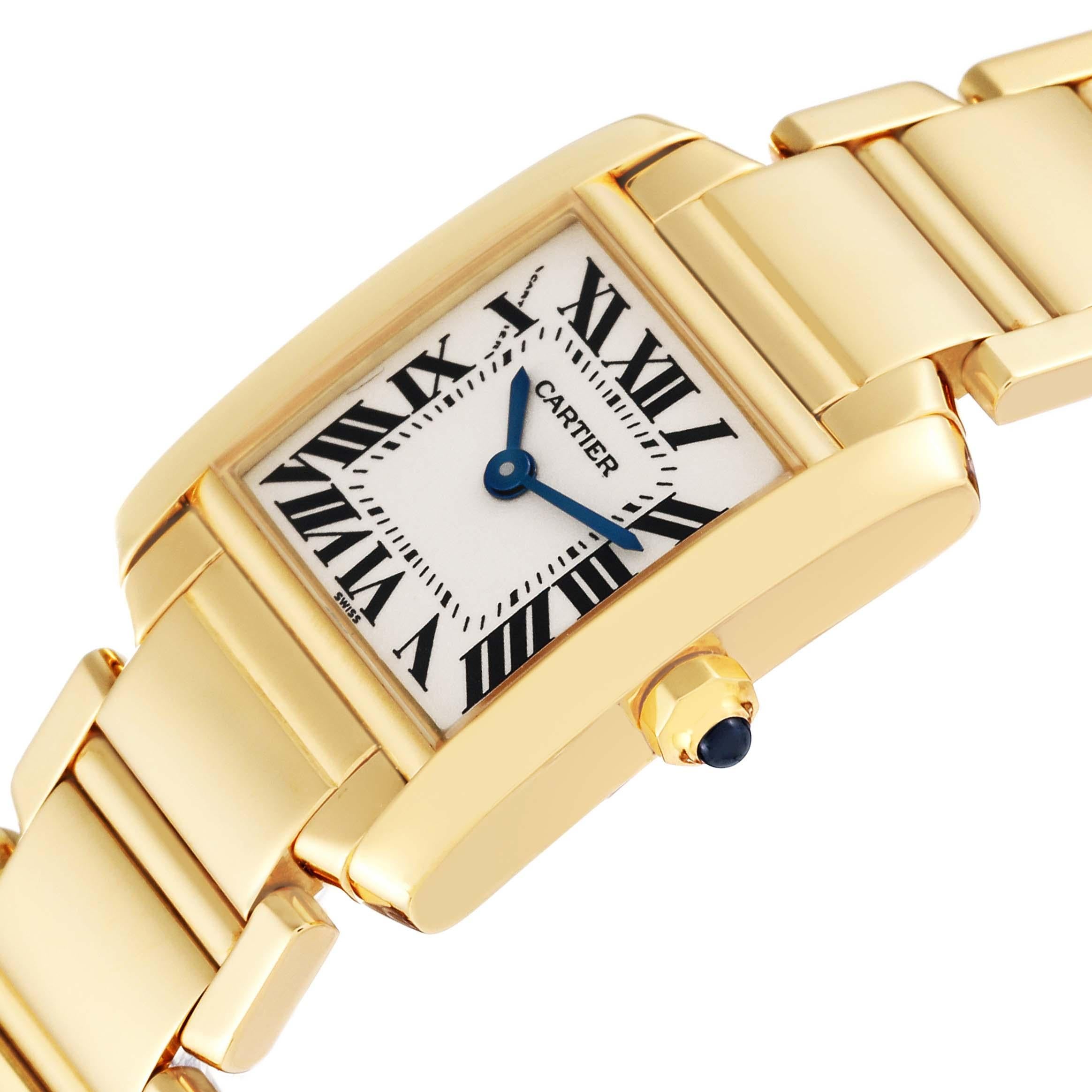 Cartier Tank Francaise Yellow Gold Quartz Ladies Watch W50002N2. Quartz movement. Rectangular 18K yellow gold 20.0 x 25.0 mm case. Octagonal crown set with a blue sapphire cabochon. . Scratch resistant sapphire crystal. Silver dial with black radial