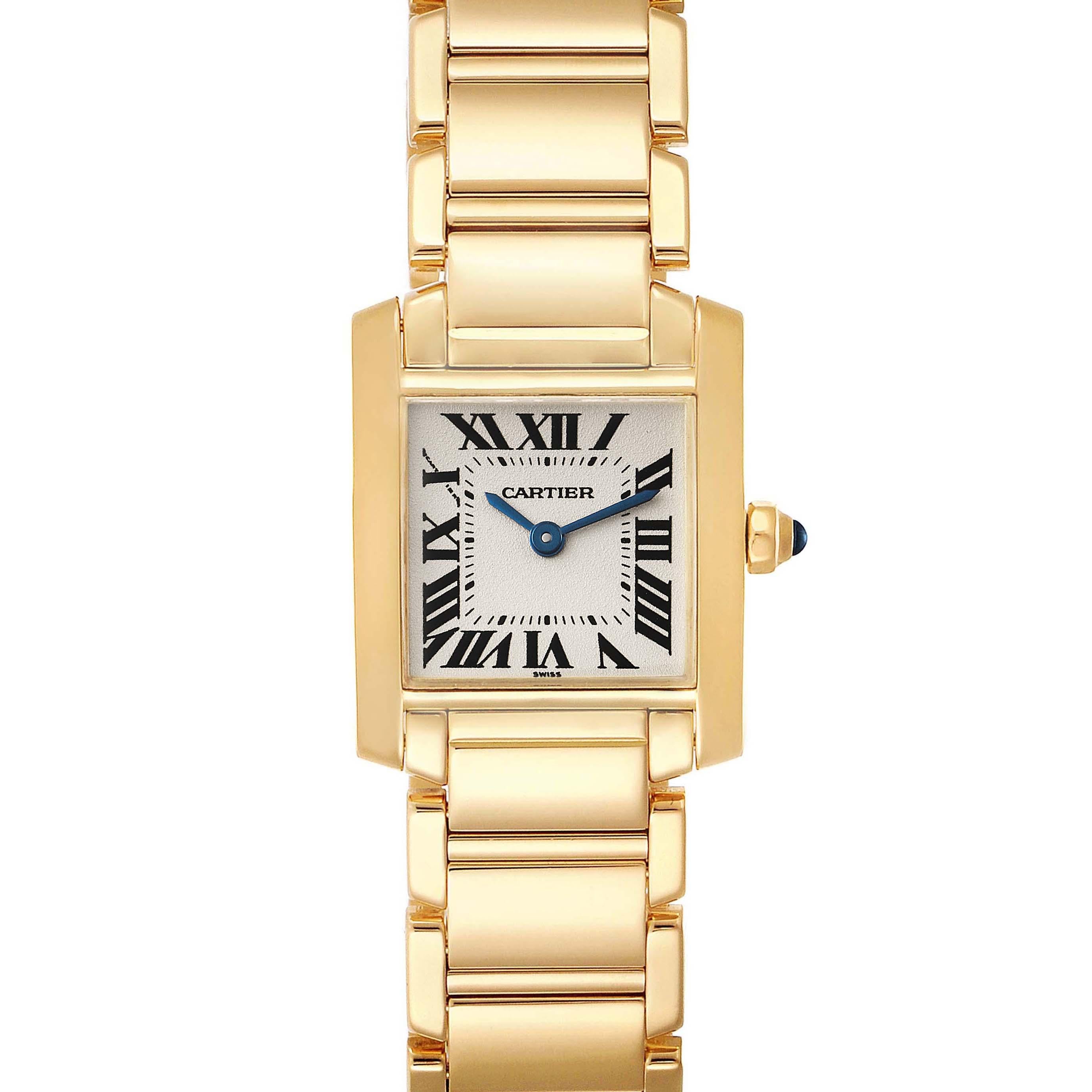 Cartier Tank Francaise Yellow Gold Quartz Ladies Watch W50002N2. Quartz movement. Rectangular 18K yellow gold 20.0 x 25.0 mm case. Octagonal crown set with a blue sapphire cabochon. . Scratch resistant sapphire crystal. Silver dial with painted