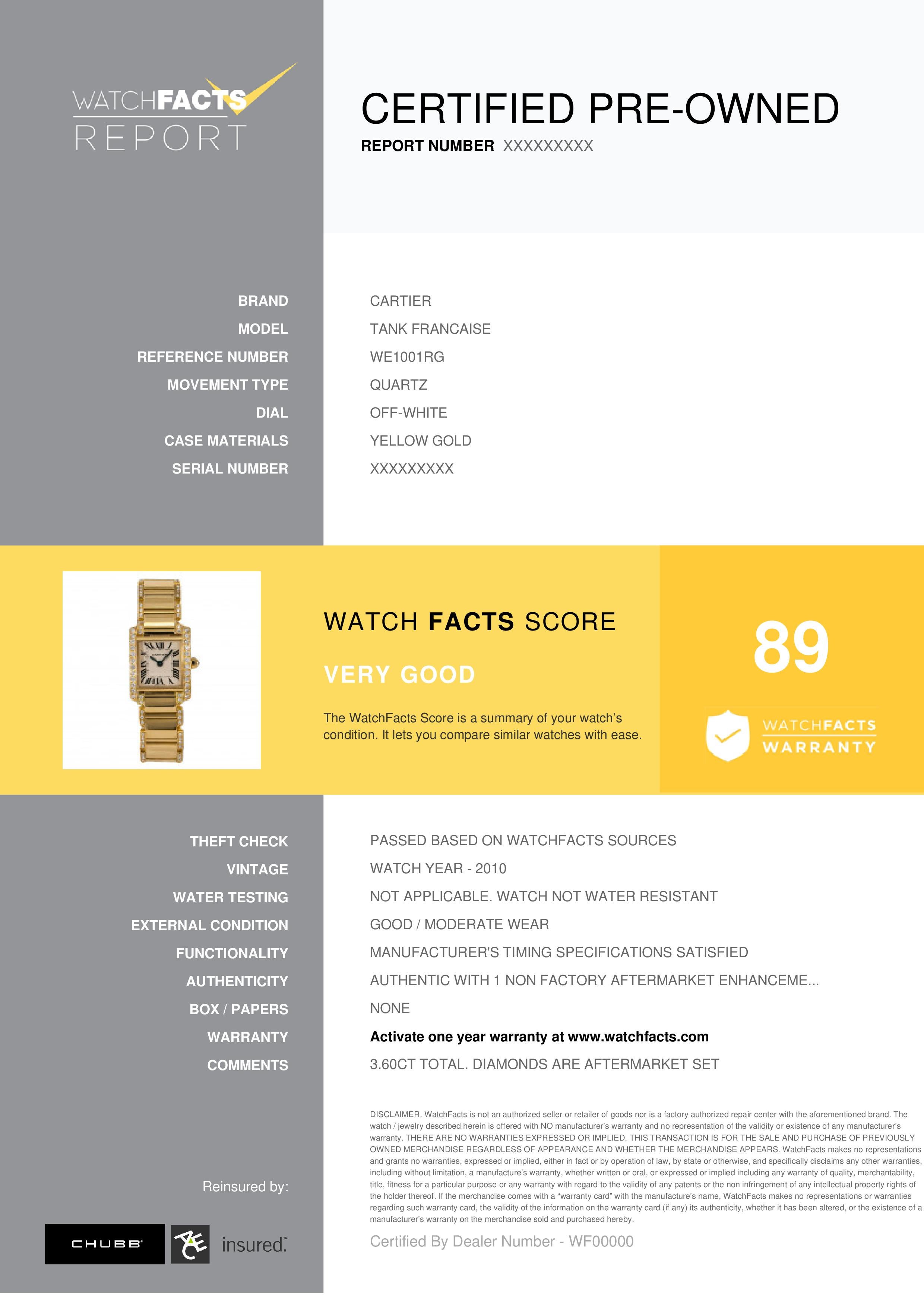 Cartier Tank Francaise Reference #:WE1001RG. Cartier Tank Francaise 2385 WE1001RG Womens 18kt Gold Quartz Watch 3.6CT 22mm. Verified and Certified by WatchFacts. 1 year warranty offered by WatchFacts.
