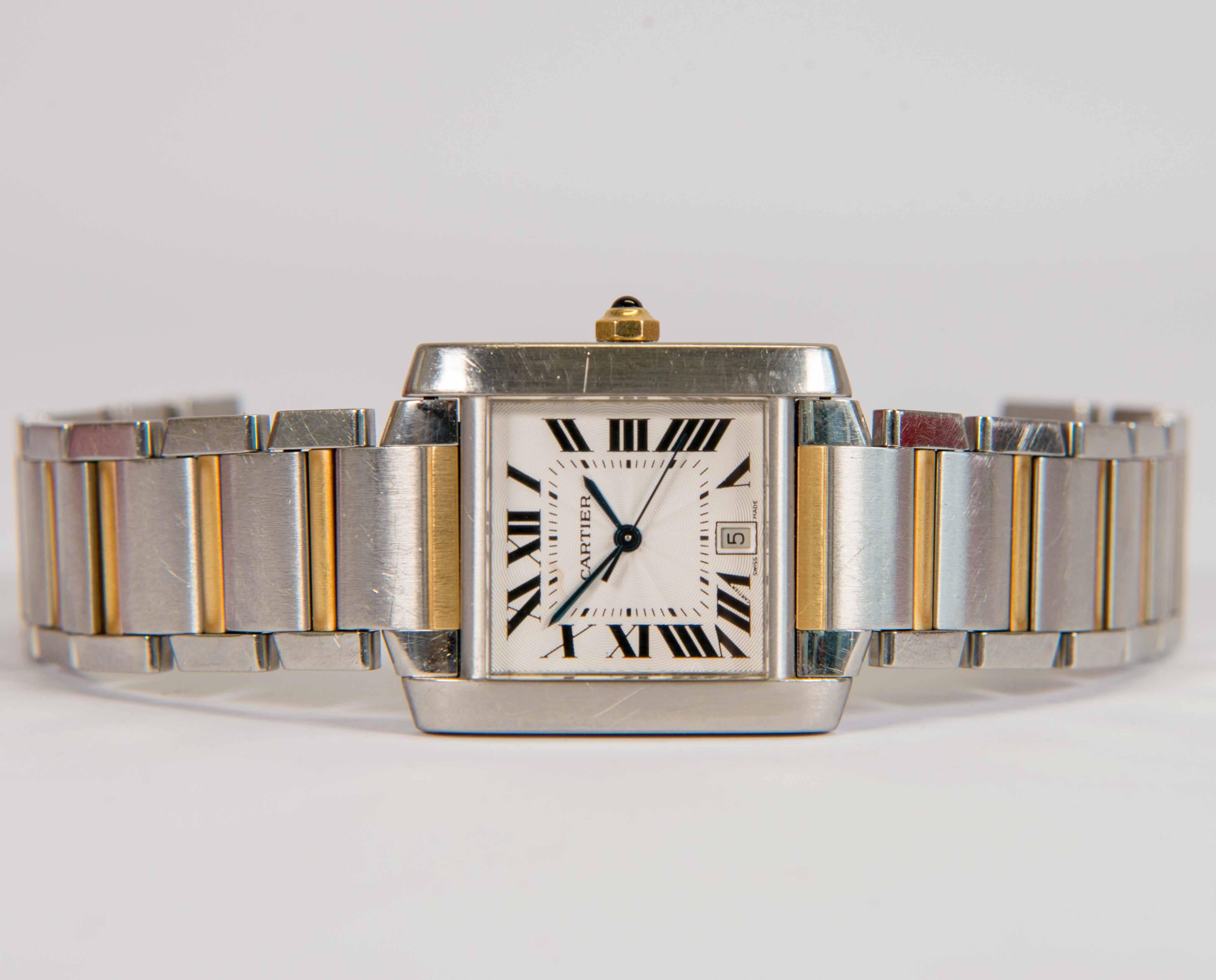 Swiss Cartier Tank Francaise, Two-Tone Men's Dress Watch with Guilloché Dial and Gold