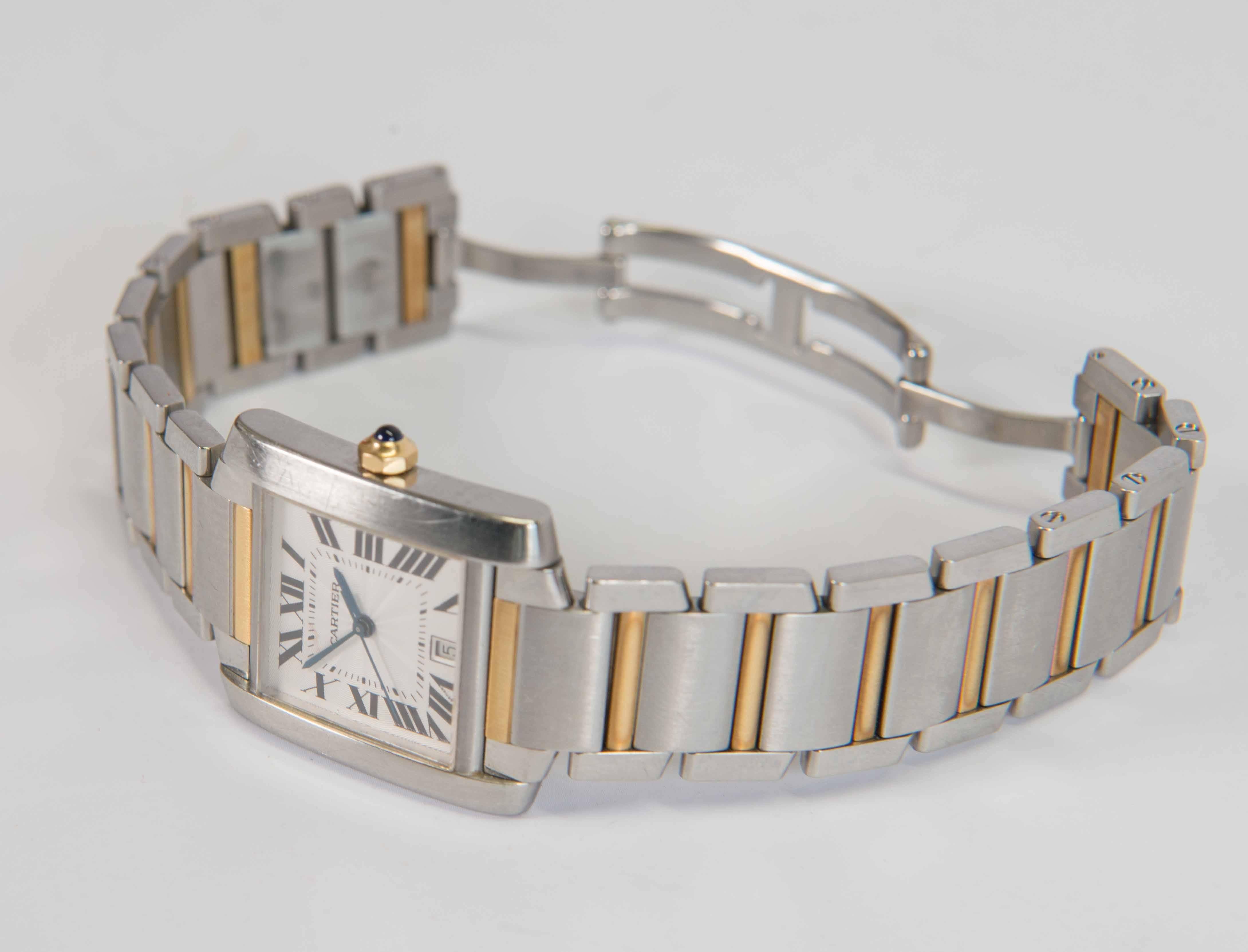 Cartier Tank Francaise, Two-Tone Men's Dress Watch with Guilloché Dial and Gold In Good Condition In Wingene, BE