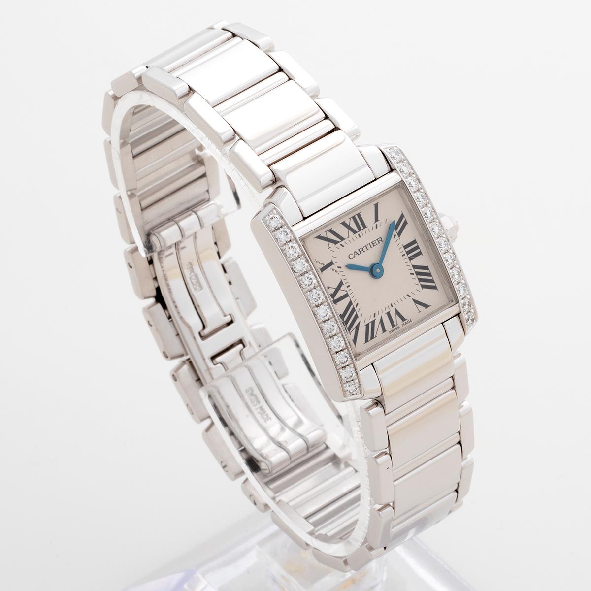 Our stunning Cartier Tank Franciase features a 20mm 18k white gold case factory set with diamonds, and a white gold bracelet. Presented in outstanding condition, this is a highly recognisable statement piece. Our Cartier comes complete with box, the
