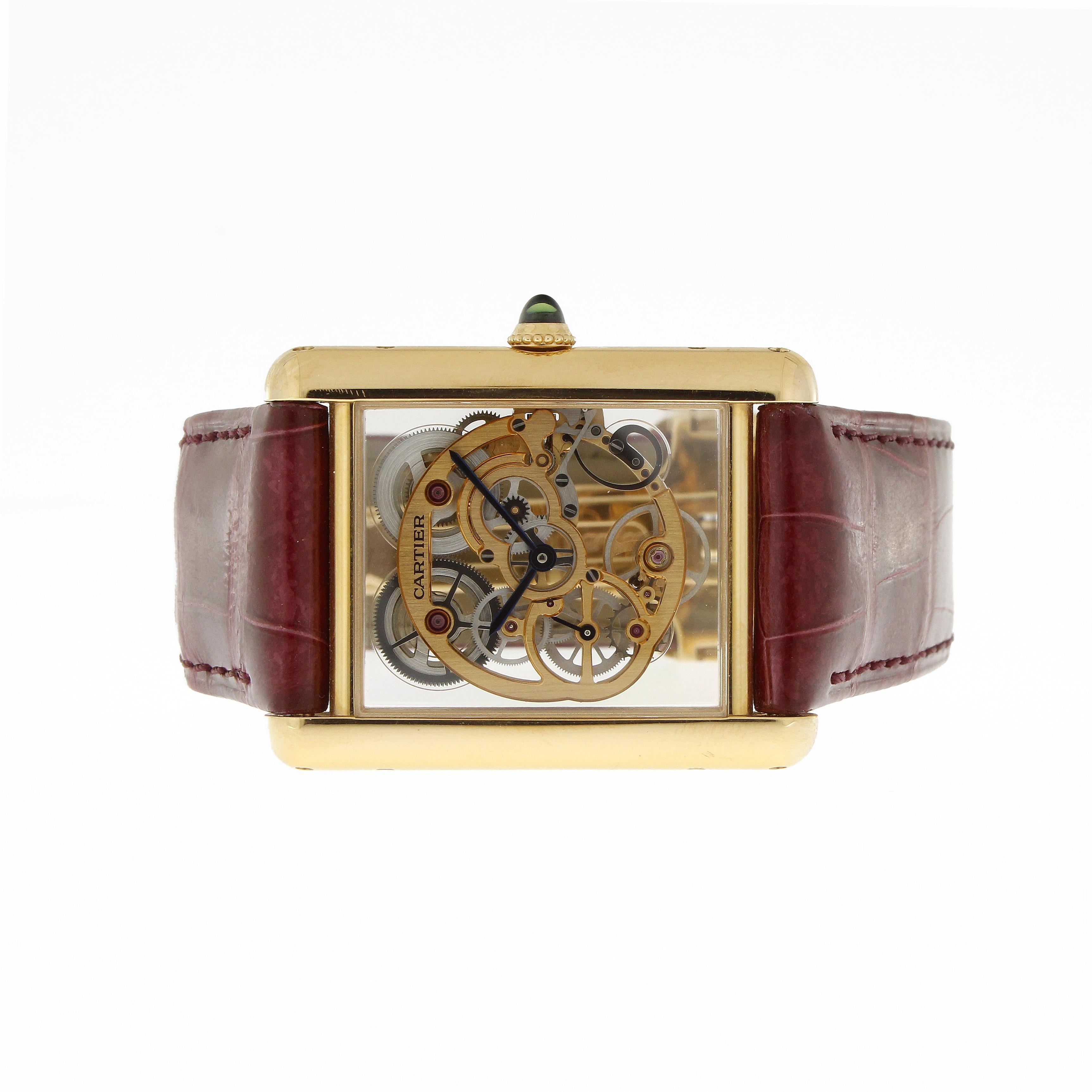 Cartier Tank Jumbo Louis Skeleton (39x29mm) in 18k Rose Gold with Cartier Box & Certificate from 2016 & a red leather strap with a 18k rose gold folding clasp

Ref.: WHTA0002 