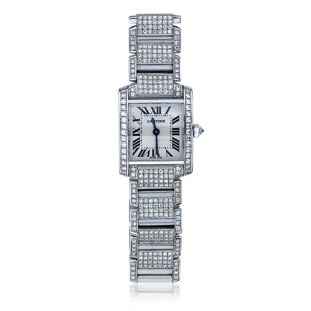 Single Cut Cartier Tank Le Francaise 2403 5.33ctw Diamond 18K White Gold Watch For Sale