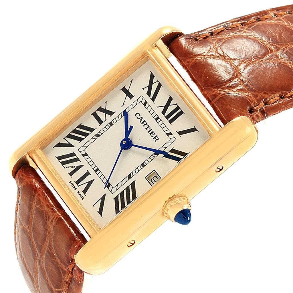 Men's Cartier Tank Louis 18 Karat Yellow Gold White Strap Quartz Watch W1529756 For Sale