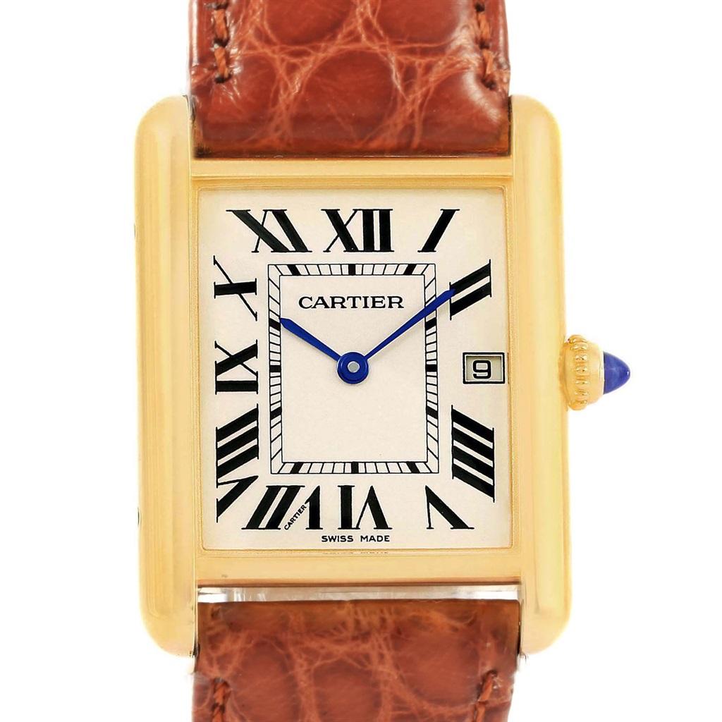 Cartier Tank Louis 18 Karat Yellow Gold White Strap Quartz Watch W1529756 For Sale 4