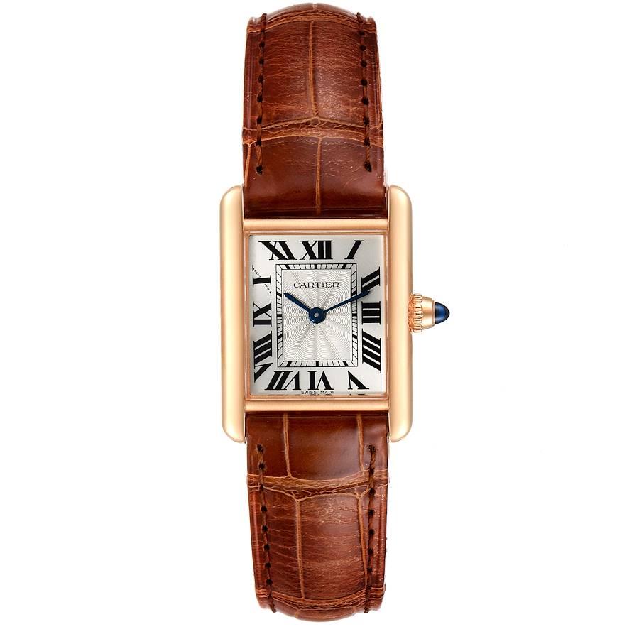 Cartier Tank Louis 18k Rose Gold Mechanical Ladies Watch WGTA0010 Box Papers. Manual winding movement. 18k rose gold case 29.5 x 22.0 mm. Circular grained crown set with the blue sapphire cabochon. . Scratch resistant sapphire crystal. Silvered