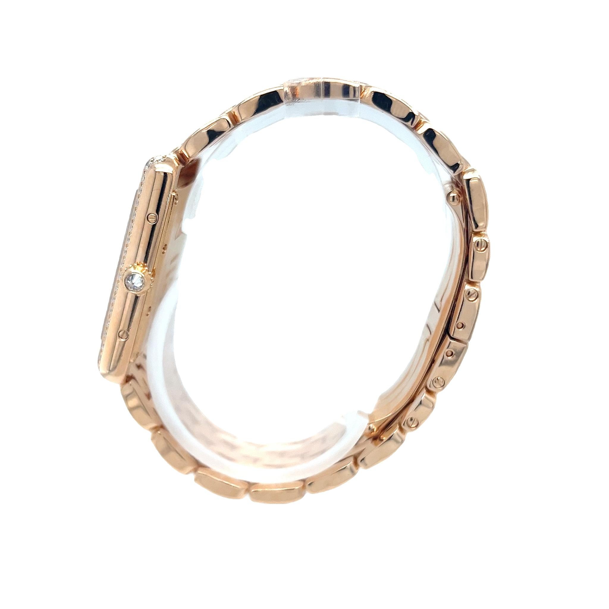 This pre-owned Cartier Tank Louis, reference WJTA0021, is a quintessential expression of elegance and Cartier’s enduring design legacy. Crafted in 18 karat rose gold, the iconic rectangular case is adorned with factory-set diamonds, enhancing the