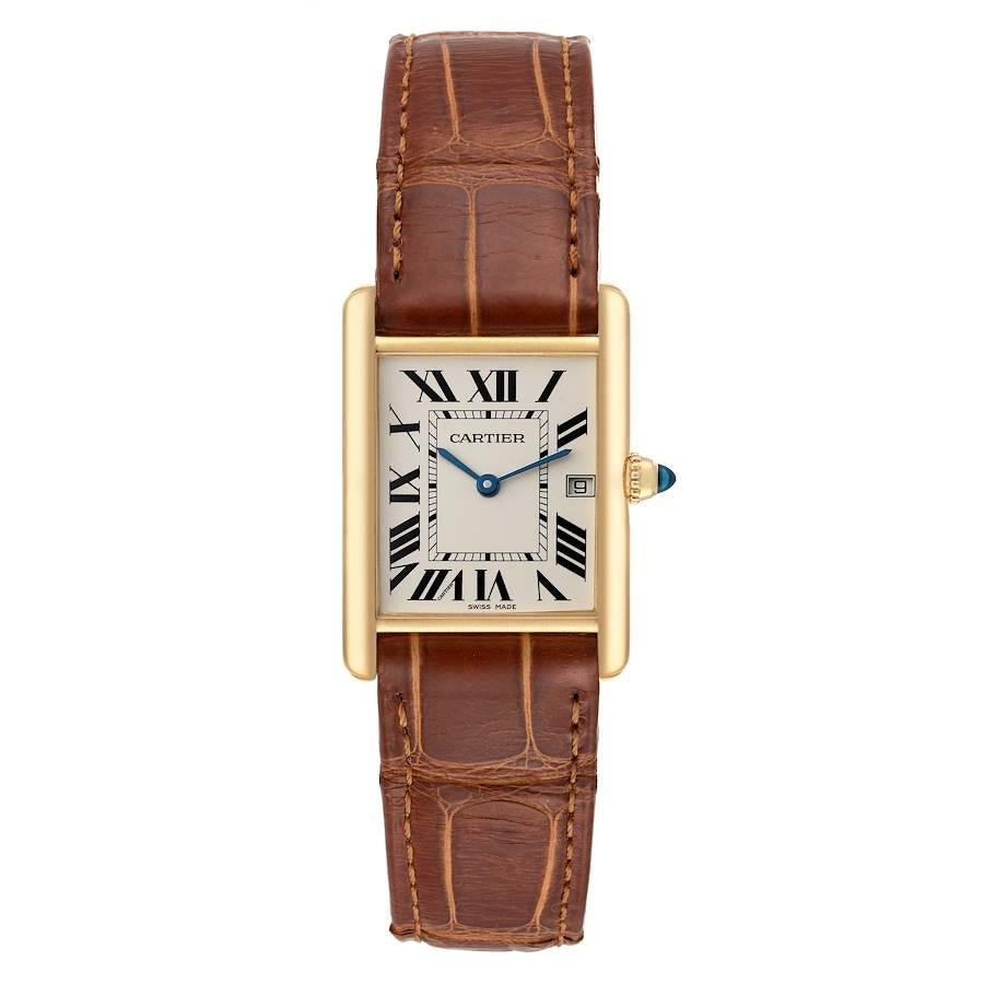 Cartier Tank Louis 18K Yellow Gold Brown Leather Strap Mens Watch W1529756. Quartz movement. 18k yellow gold case 25.0 x 33.0 mm. Circular grained crown set with a blue sapphire cabochon. . Scratch resistant sapphire crystal. Silvered opaline dial.