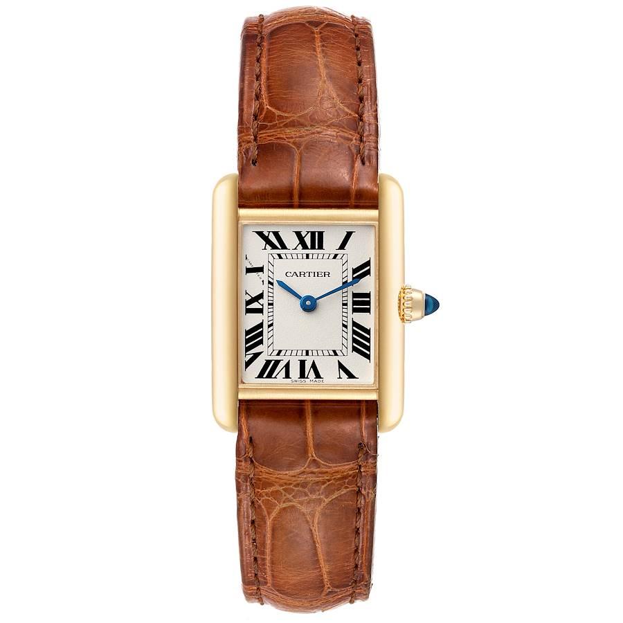 Cartier Tank Louis 18k Yellow Gold Brown Strap Ladies Watch W1529856 Box Card. Quartz movement. 18k yellow gold case 29.0 x 22.0 mm. Circular grained crown set with the blue sapphire cabochon. . Scratch resistant sapphire crystal. Silvered grained